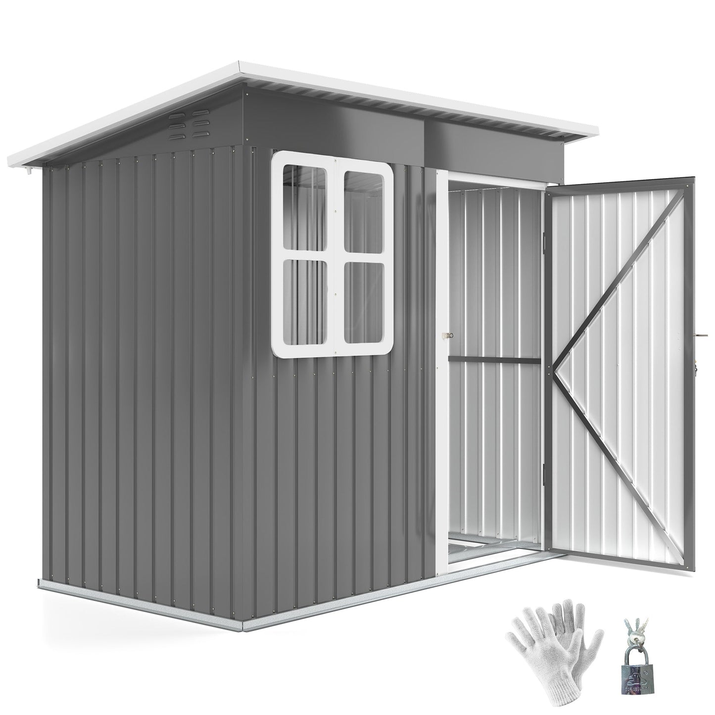7 x 4ft Storage Shed Galvanised Steel Garden Shed, Metal Shed with Foundation Kit, Window, Lockable Wide Door and Air Vents for Outdoor Patio, Dark Grey