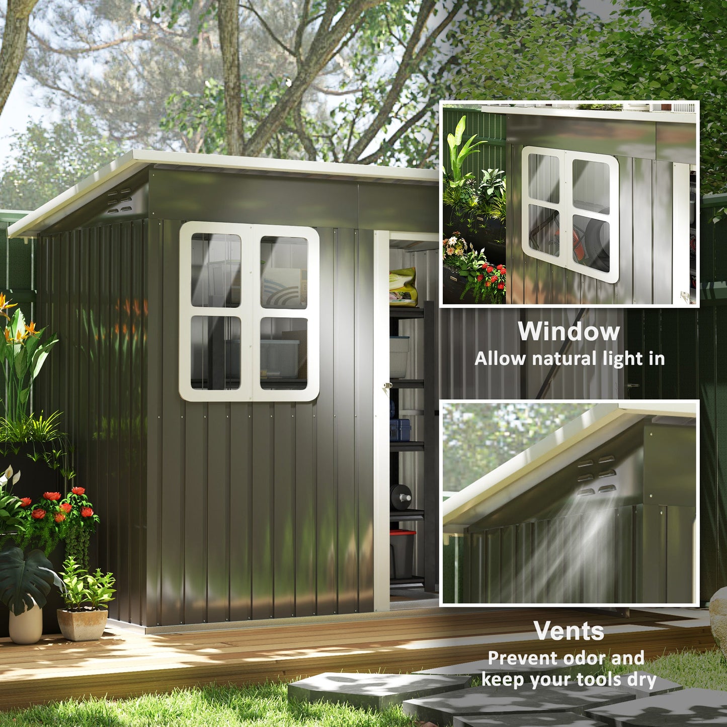 7 x 4ft Storage Shed Galvanised Steel Garden Shed, Metal Shed with Foundation Kit, Window, Lockable Wide Door and Air Vents for Outdoor Patio, Dark Grey