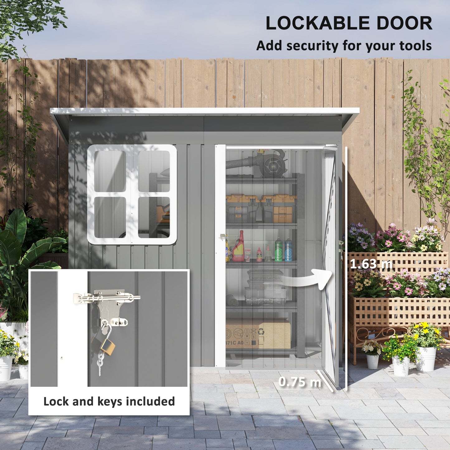 7 x 4ft Storage Shed Galvanised Steel Garden Shed, Metal Shed with Foundation Kit, Window, Lockable Wide Door and Air Vents for Outdoor Patio, Dark Grey
