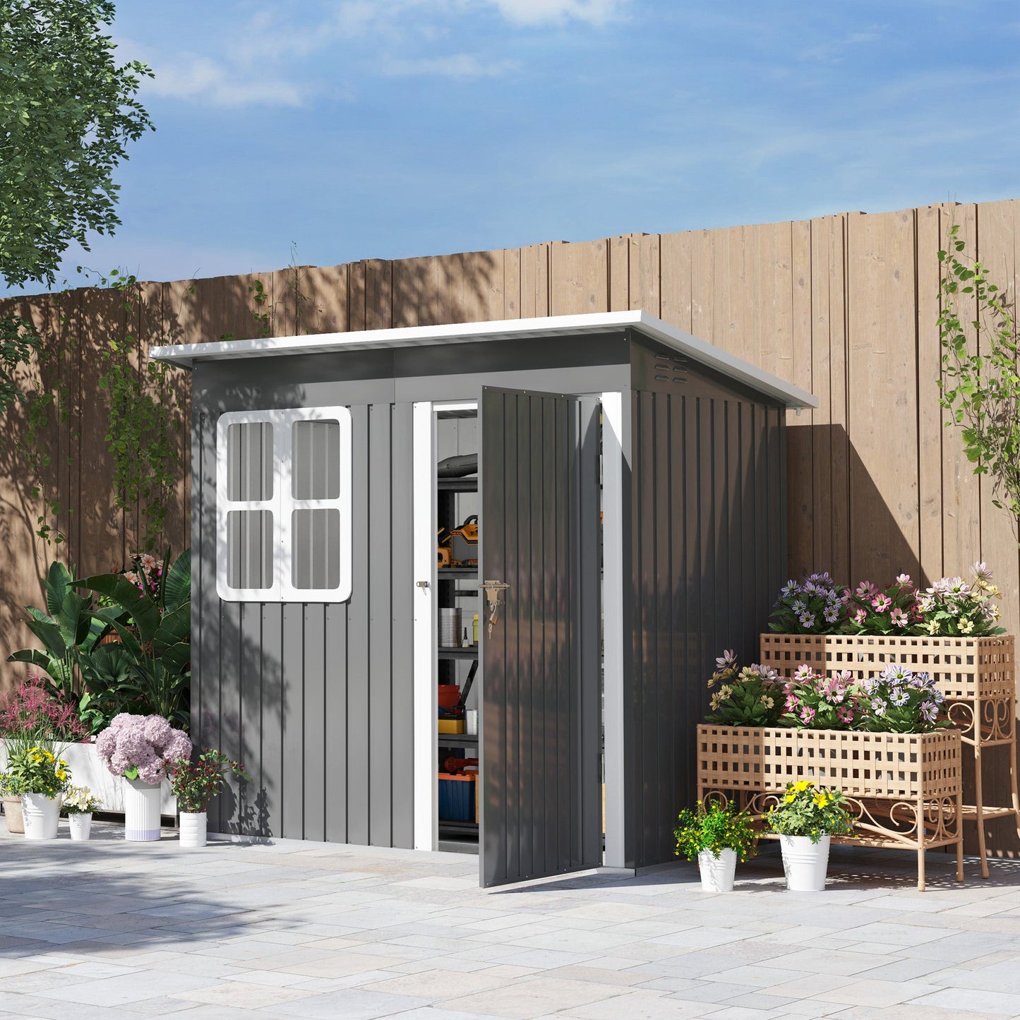 7 x 4ft Storage Shed Galvanised Steel Garden Shed, Metal Shed with Foundation Kit, Window, Lockable Wide Door and Air Vents for Outdoor Patio, Dark Grey