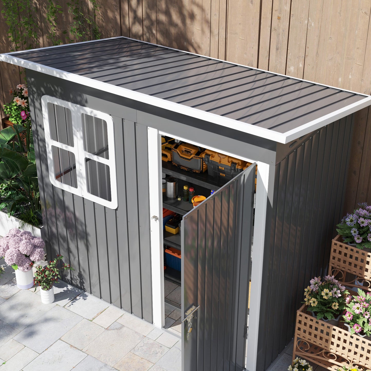 7 x 4ft Storage Shed Galvanised Steel Garden Shed, Metal Shed with Foundation Kit, Window, Lockable Wide Door and Air Vents for Outdoor Patio, Dark Grey