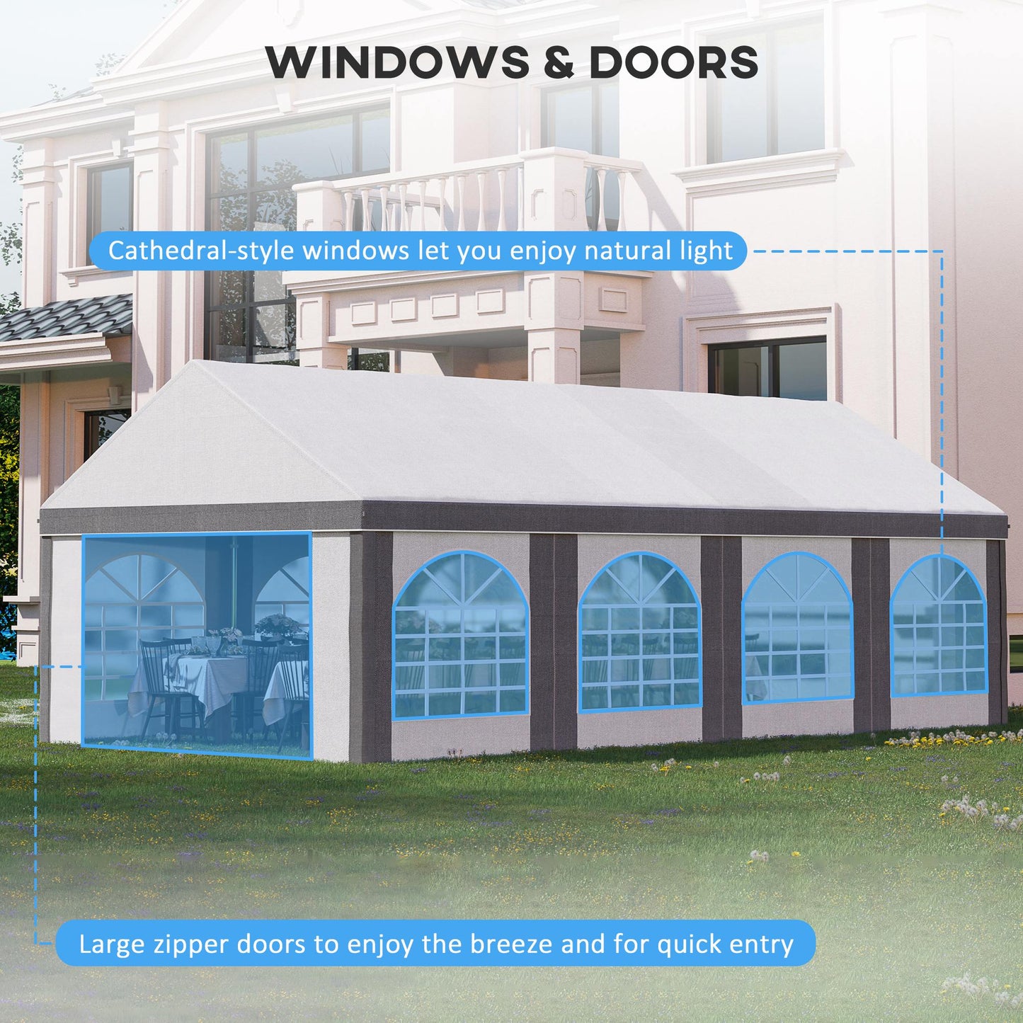 8 x 4m Galvanised Party Tent, Marquee Gazebo with Sides, Eight Windows and Double Doors, for Parties, Wedding and Events