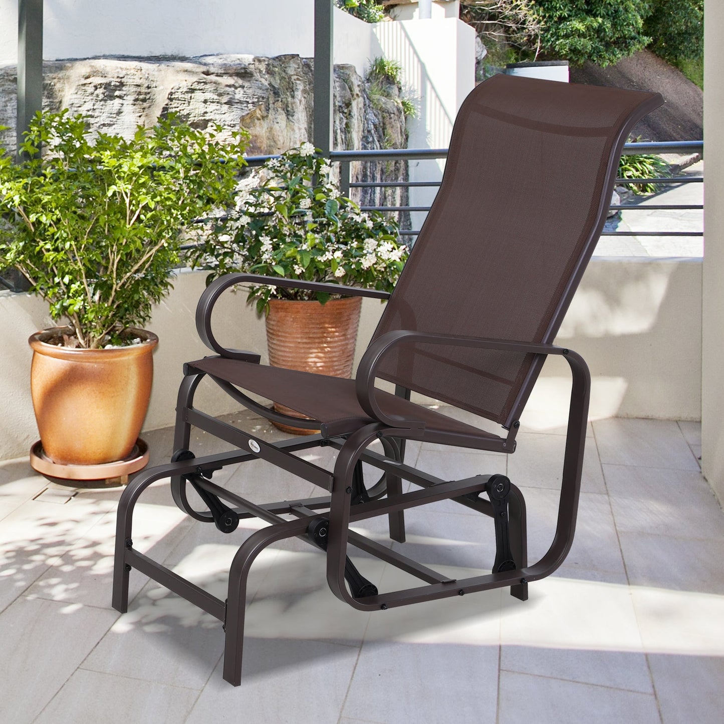 Outdoor Gliding Rocking Chair with Sturdy Metal Frame Garden Comfortable Swing Chair for Patio, Garden and Poolside, Brown