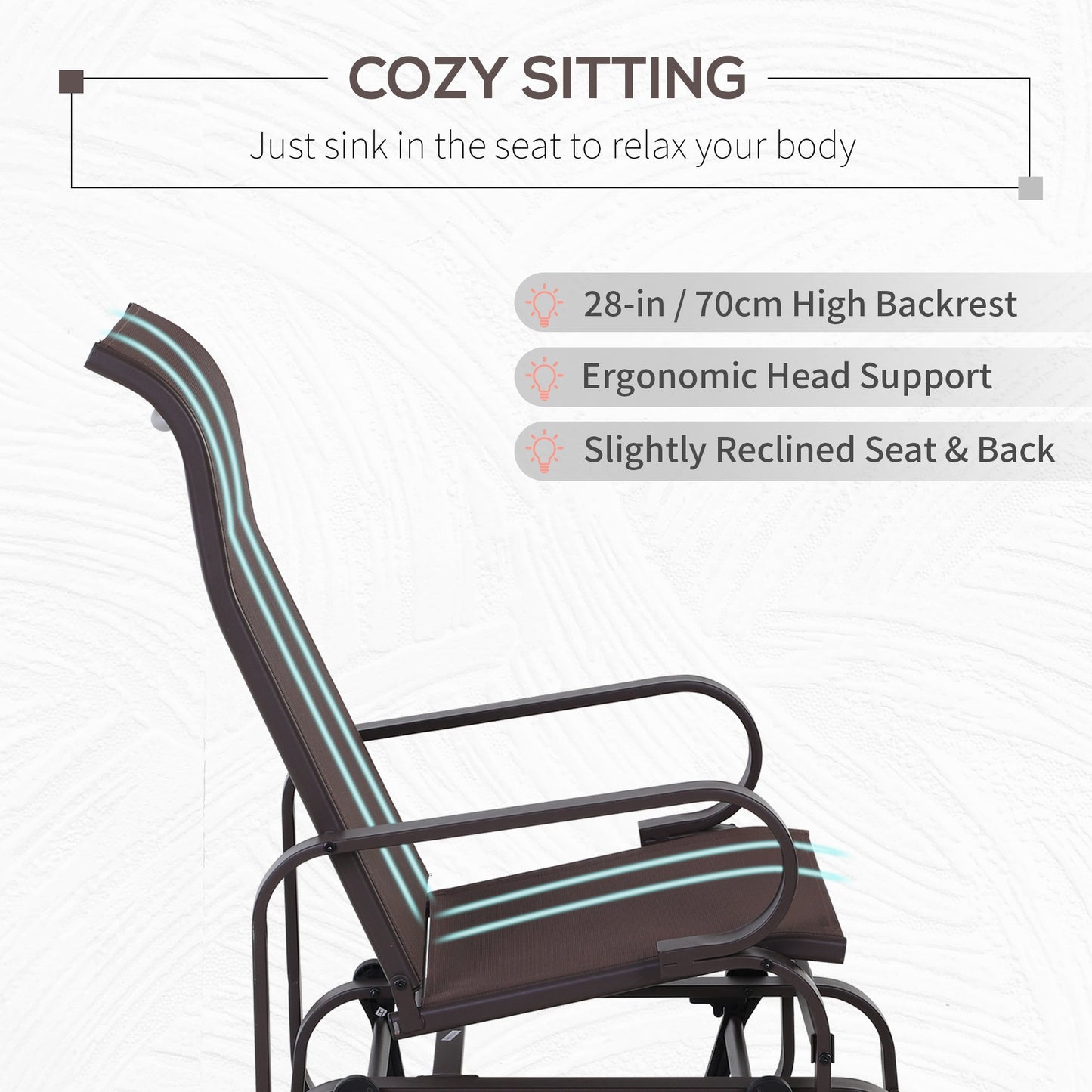 Outdoor Gliding Rocking Chair with Sturdy Metal Frame Garden Comfortable Swing Chair for Patio, Garden and Poolside, Brown