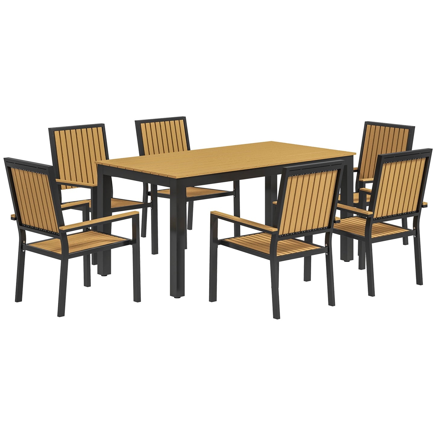 6 Seater Garden Dining Set with Stackable Chairs, Aluminium Frame, Rectangular Plastic Top, Garden Furniture Set, Outdoor Dining Table and Chairs for Patio, Balcony, Poolside, Nature Wood