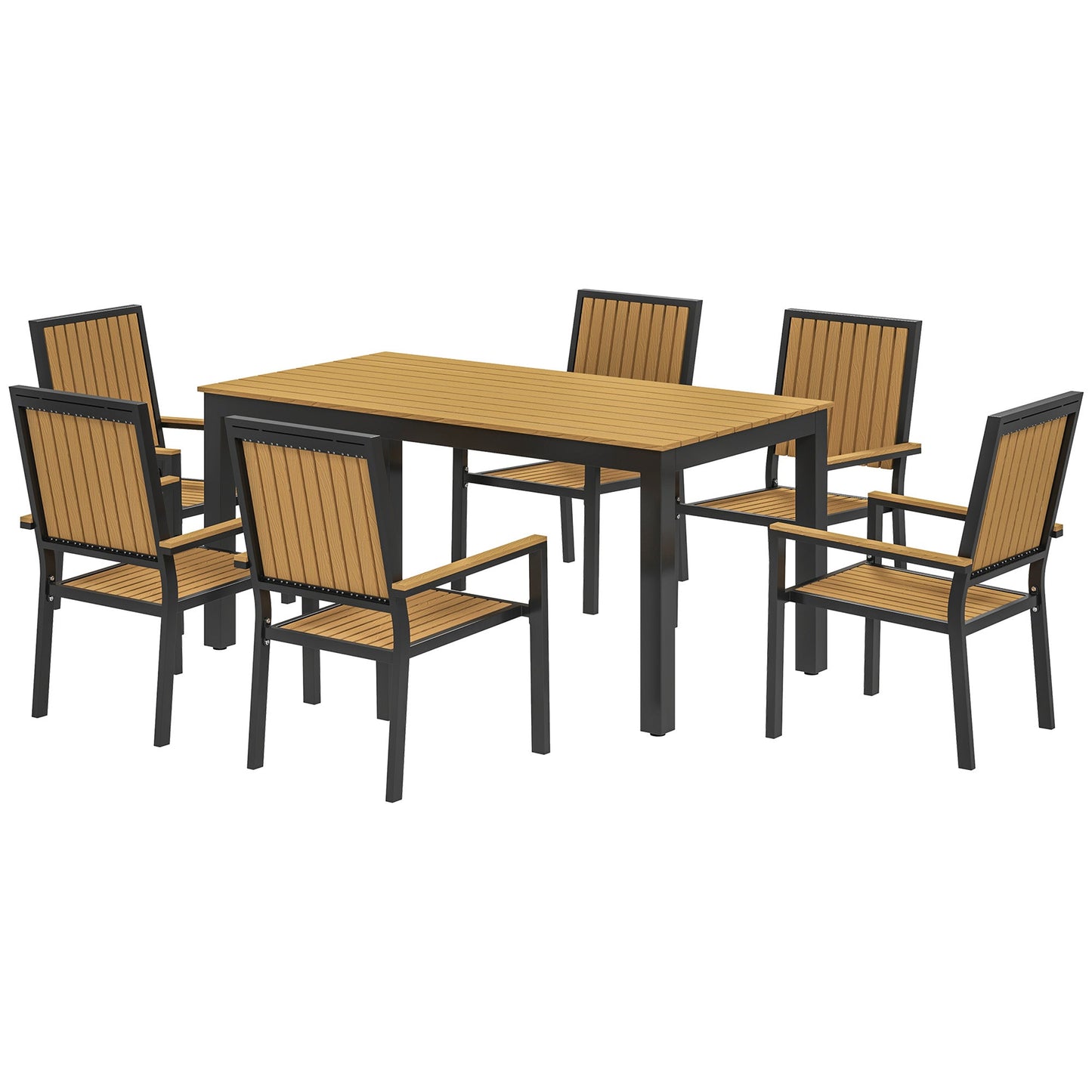 6 Seater Garden Dining Set with Stackable Chairs, Aluminium Frame, Rectangular Plastic Top, Garden Furniture Set, Outdoor Dining Table and Chairs for Patio, Balcony, Poolside, Nature Wood