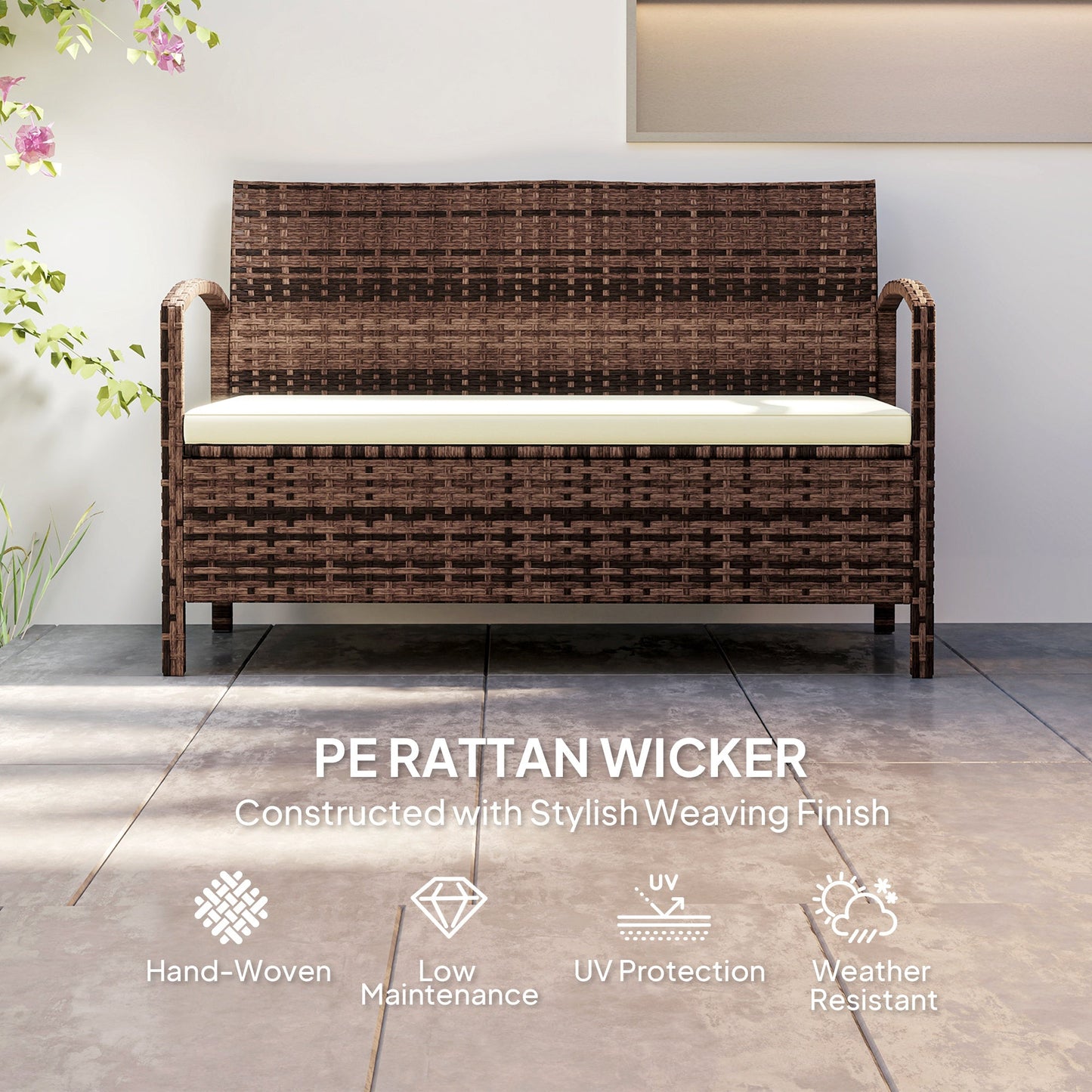Garden Storage Bench with 125L Capacity, 2 Seater PE Rattan Garden Bench with Storage, Cushion, Wicker Outdoor Bench Loveseat with Steel Frame for Patio, Brown