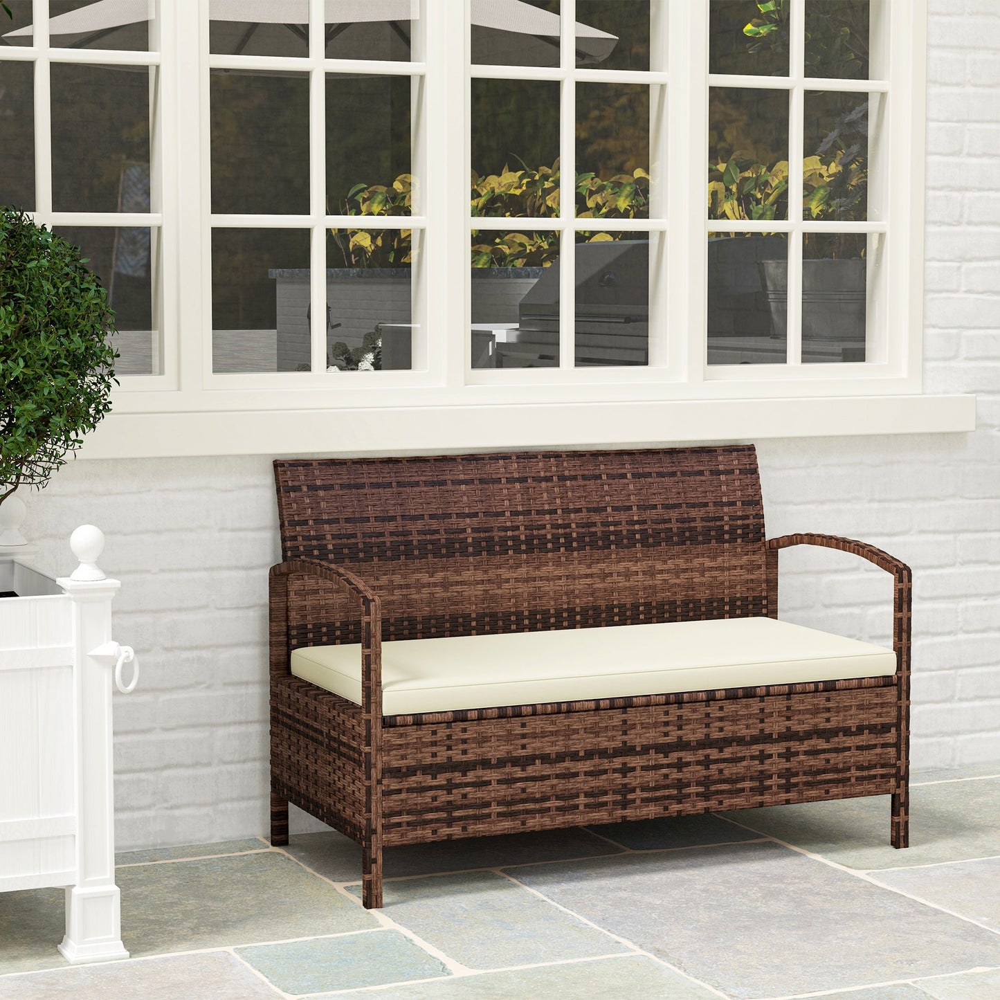 Garden Storage Bench with 125L Capacity, 2 Seater PE Rattan Garden Bench with Storage, Cushion, Wicker Outdoor Bench Loveseat with Steel Frame for Patio, Brown