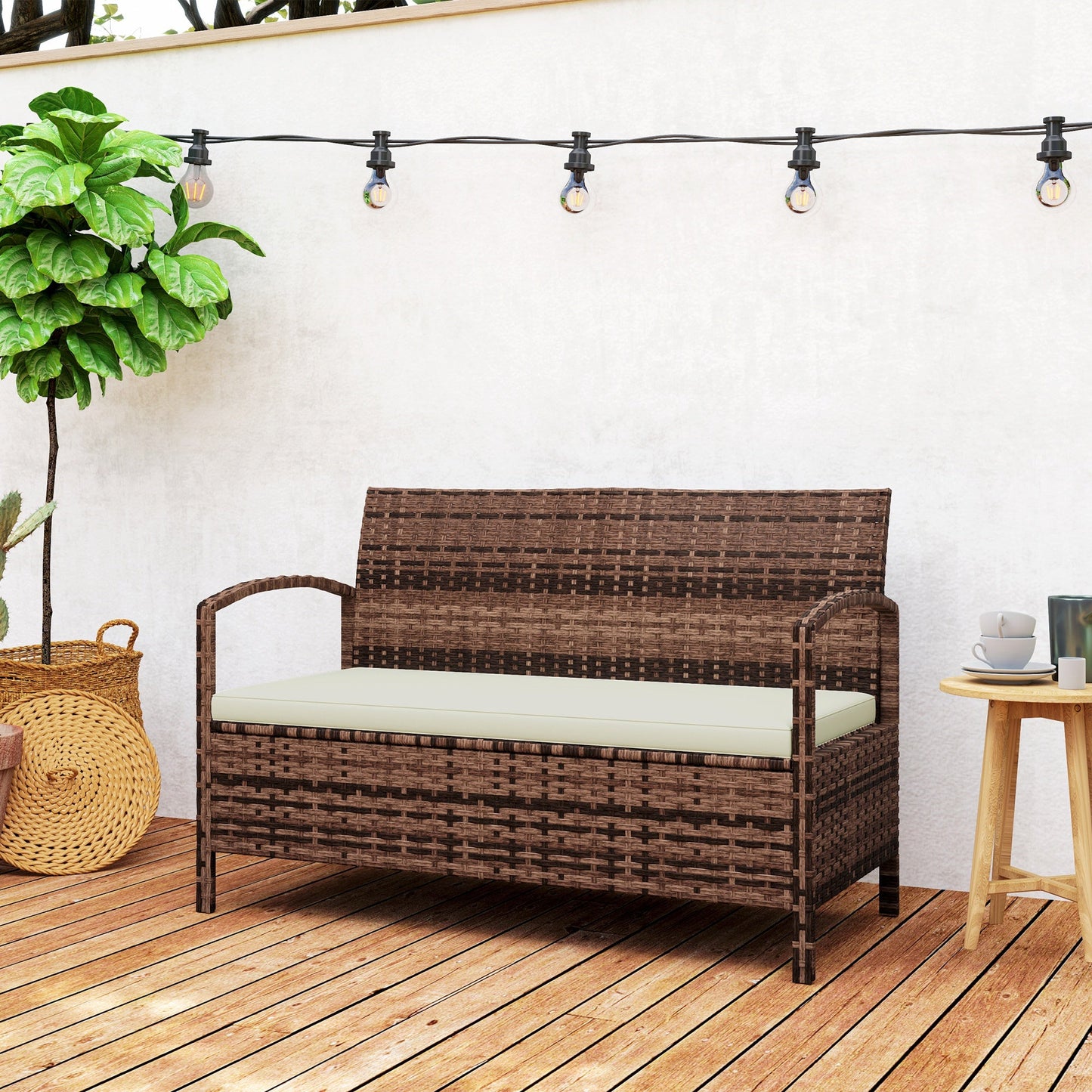 Garden Storage Bench with 125L Capacity, 2 Seater PE Rattan Garden Bench with Storage, Cushion, Wicker Outdoor Bench Loveseat with Steel Frame for Patio, Brown