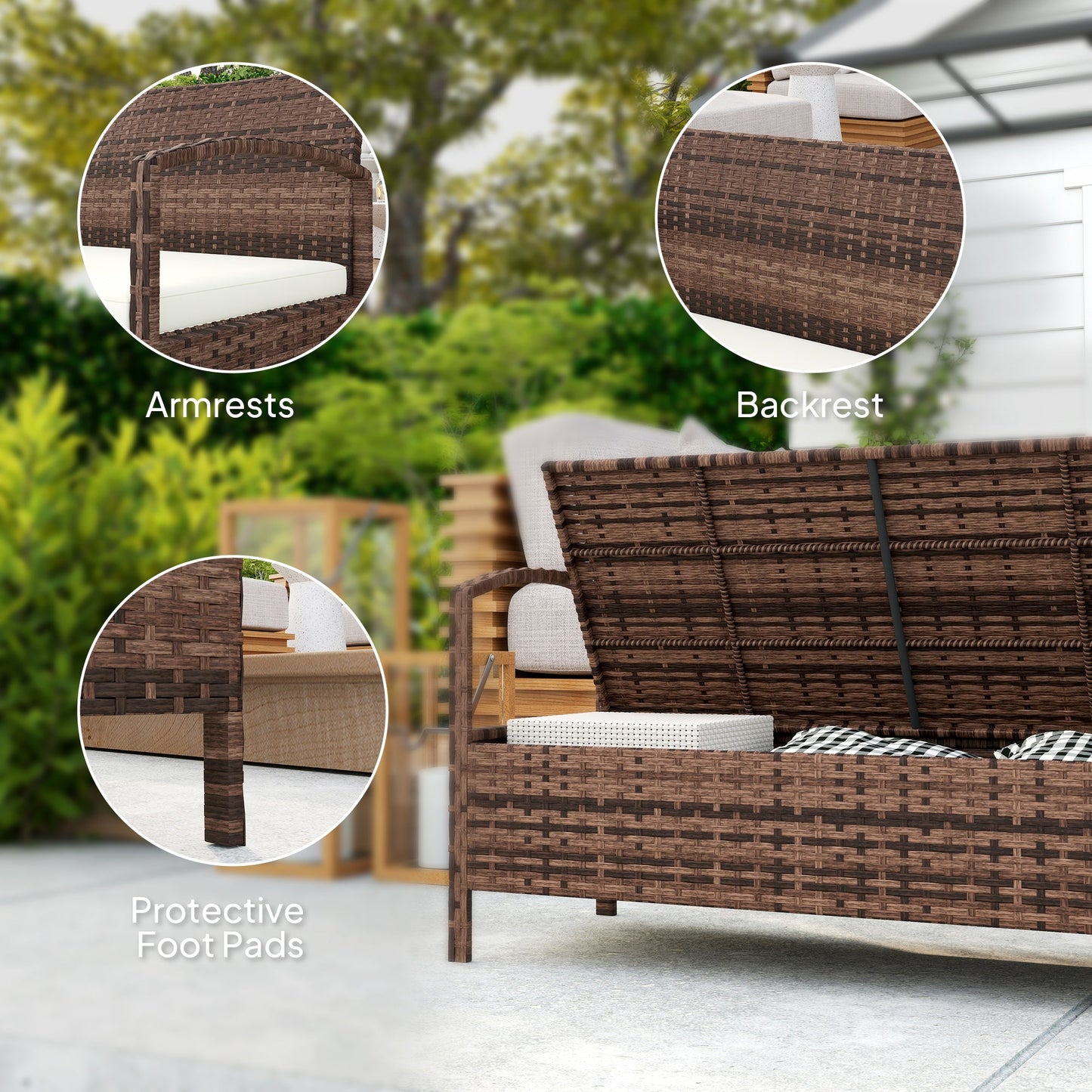 Garden Storage Bench with 125L Capacity, 2 Seater PE Rattan Garden Bench with Storage, Cushion, Wicker Outdoor Bench Loveseat with Steel Frame for Patio, Brown
