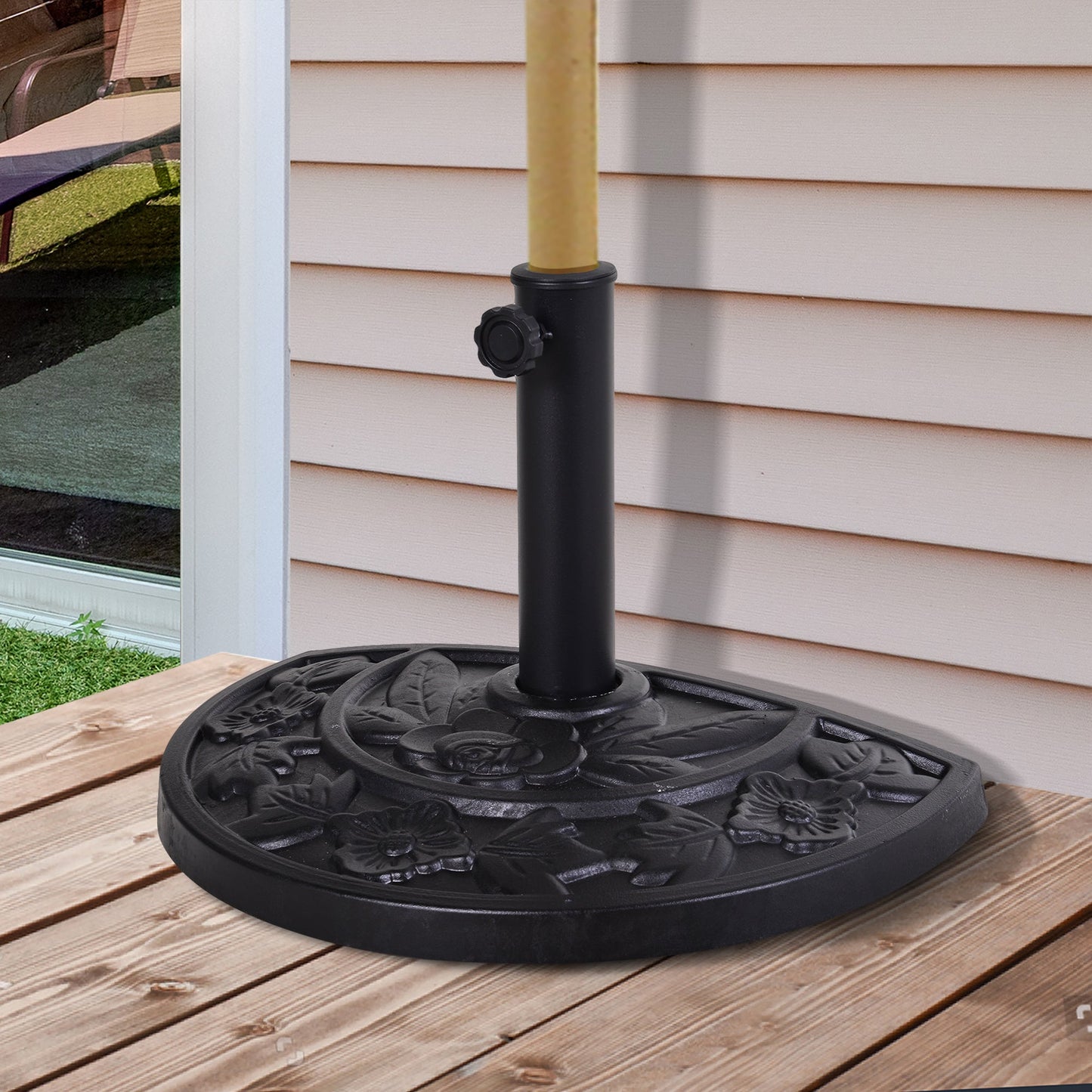9kg Resin Parasol Base, Half Round Umbrella Stand with Floral Design for Garden, Outdoor, Suitable Umbrella Rod: Φ3.8cm, Φ4.8cm, Black