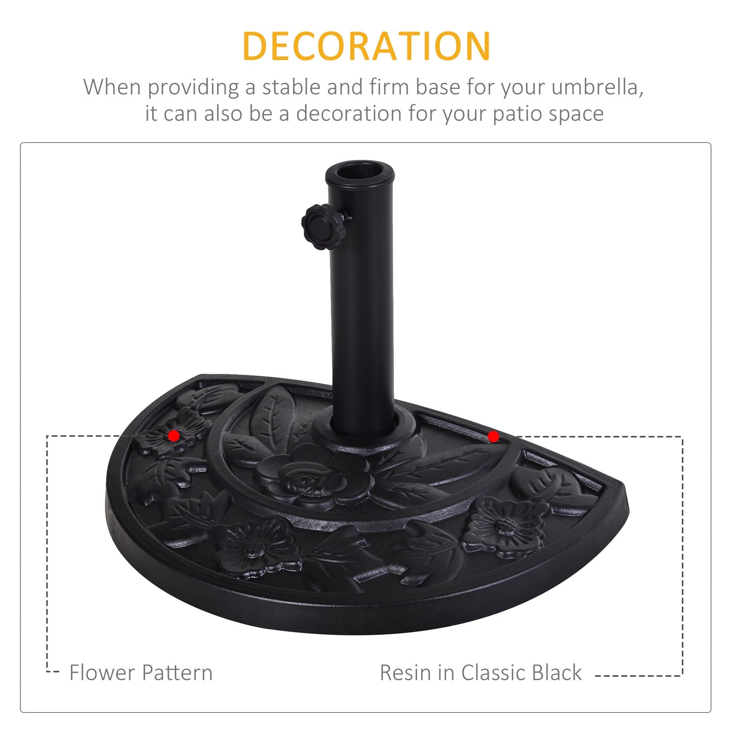 9kg Resin Parasol Base, Half Round Umbrella Stand with Floral Design for Garden, Outdoor, Suitable Umbrella Rod: Φ3.8cm, Φ4.8cm, Black