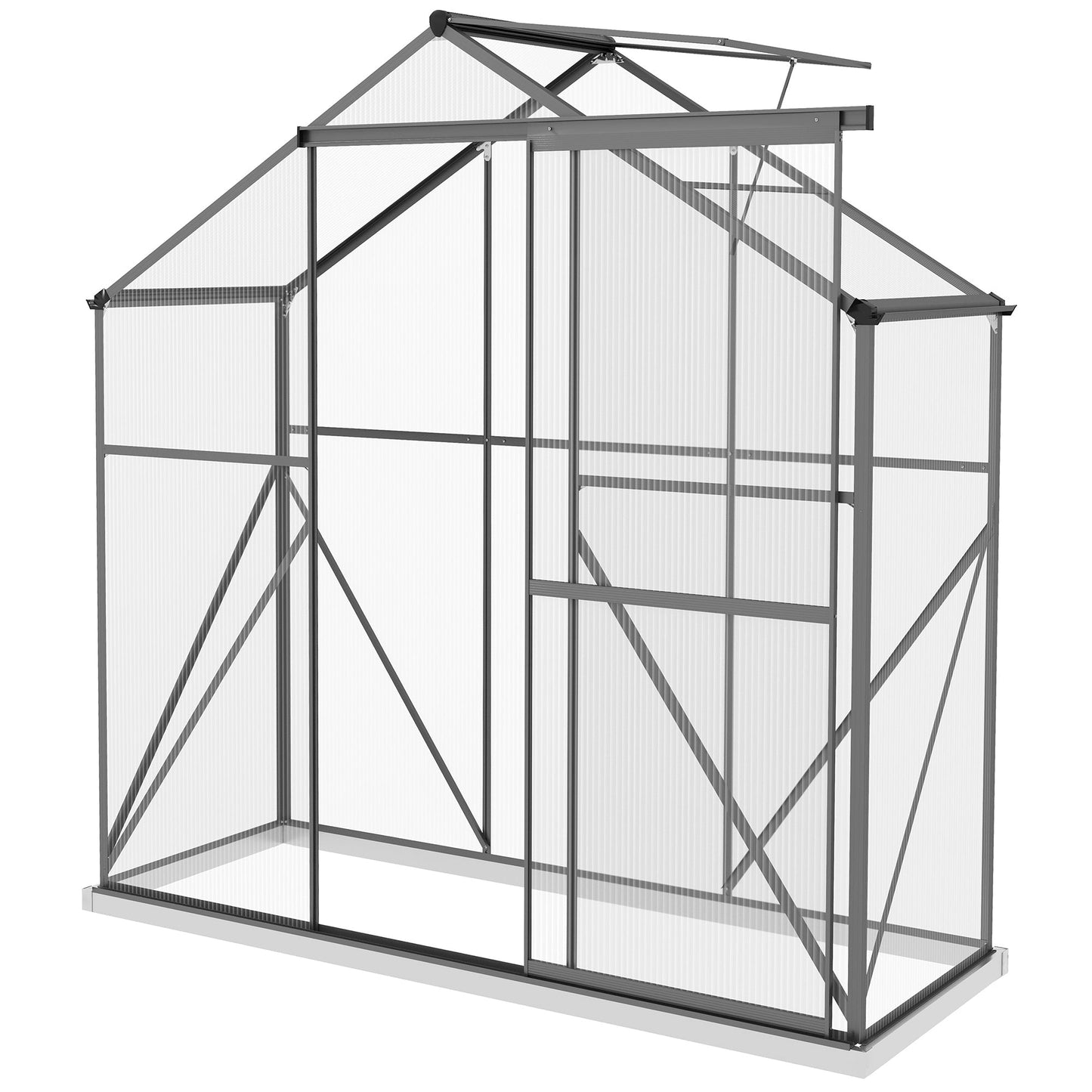 6 x 2.5ft Polycarbonate Greenhouse, Walk-In Green House with Sliding Door, 5-Level Roof Vent, Rain Gutter, Garden Plants Grow House with Aluminium Frame and Foundation, Dark Grey