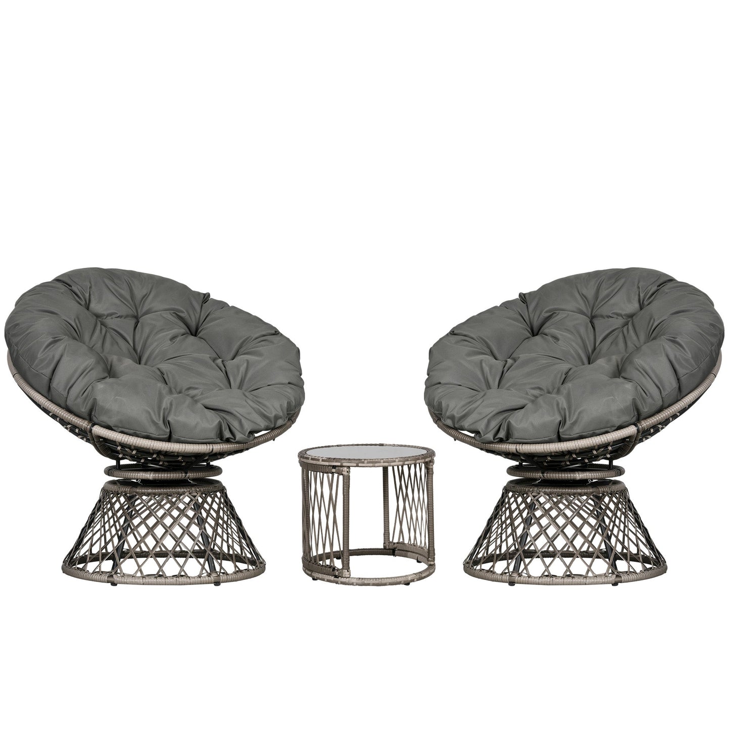 3 Pieces Rattan Bistro Set, Wicker Garden Furniture Set with Swivel Chairs, Glass Top Coffee Table and Thickened Cushions, for Outdoor Patio Balcony