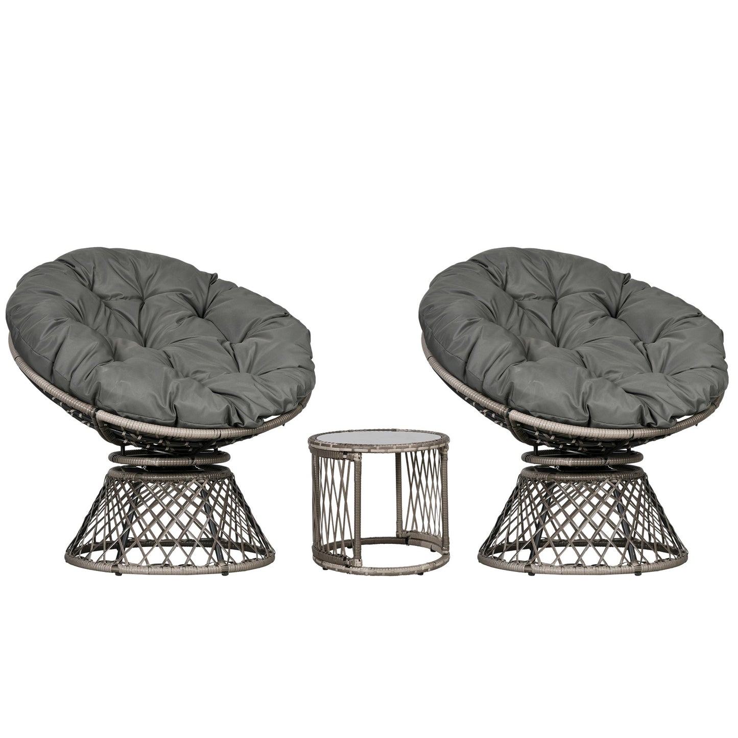 3 Pieces Rattan Bistro Set, Wicker Garden Furniture Set with Swivel Chairs, Glass Top Coffee Table and Thickened Cushions, for Outdoor Patio Balcony