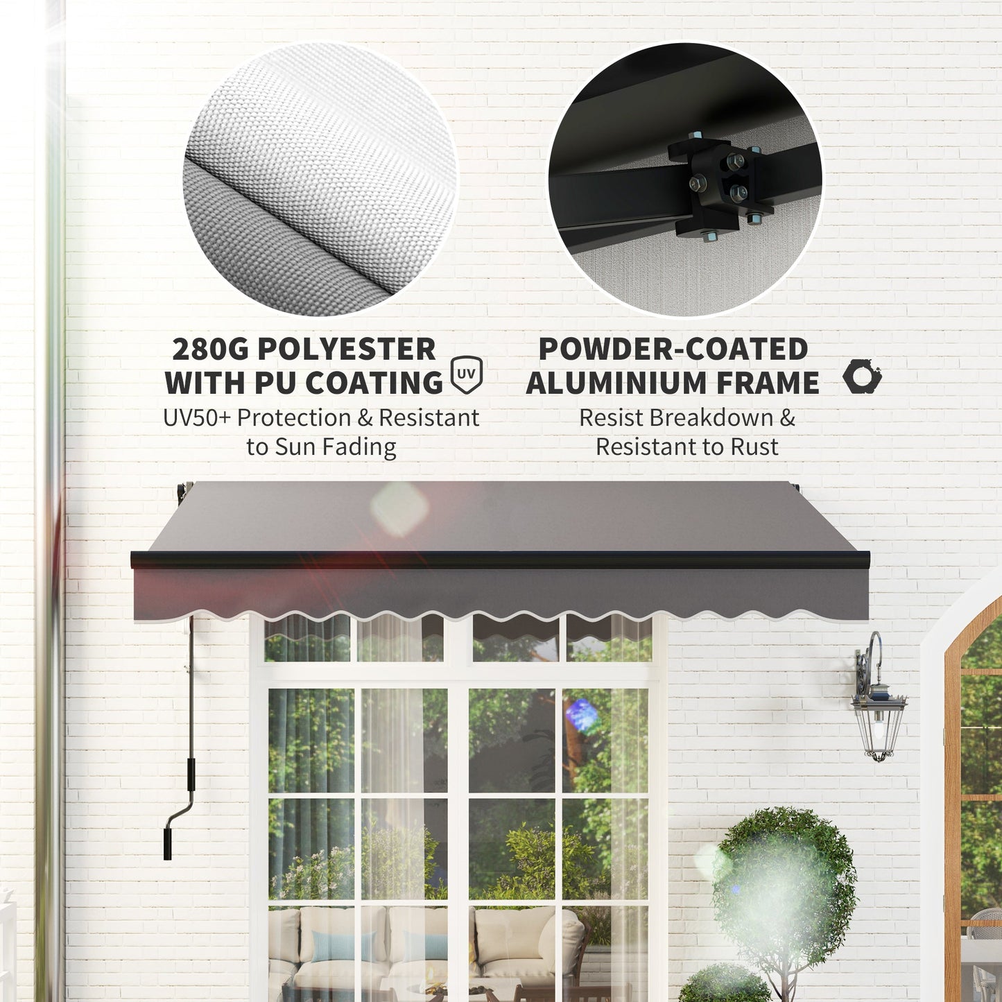 2.5 x 2m Electric Awning with LED Light and Remote Controller, Aluminium Frame DIY Retractable Awning, UV50+ Sun Shade Canopy for Garden Patio Deck Door Window, Dark Grey