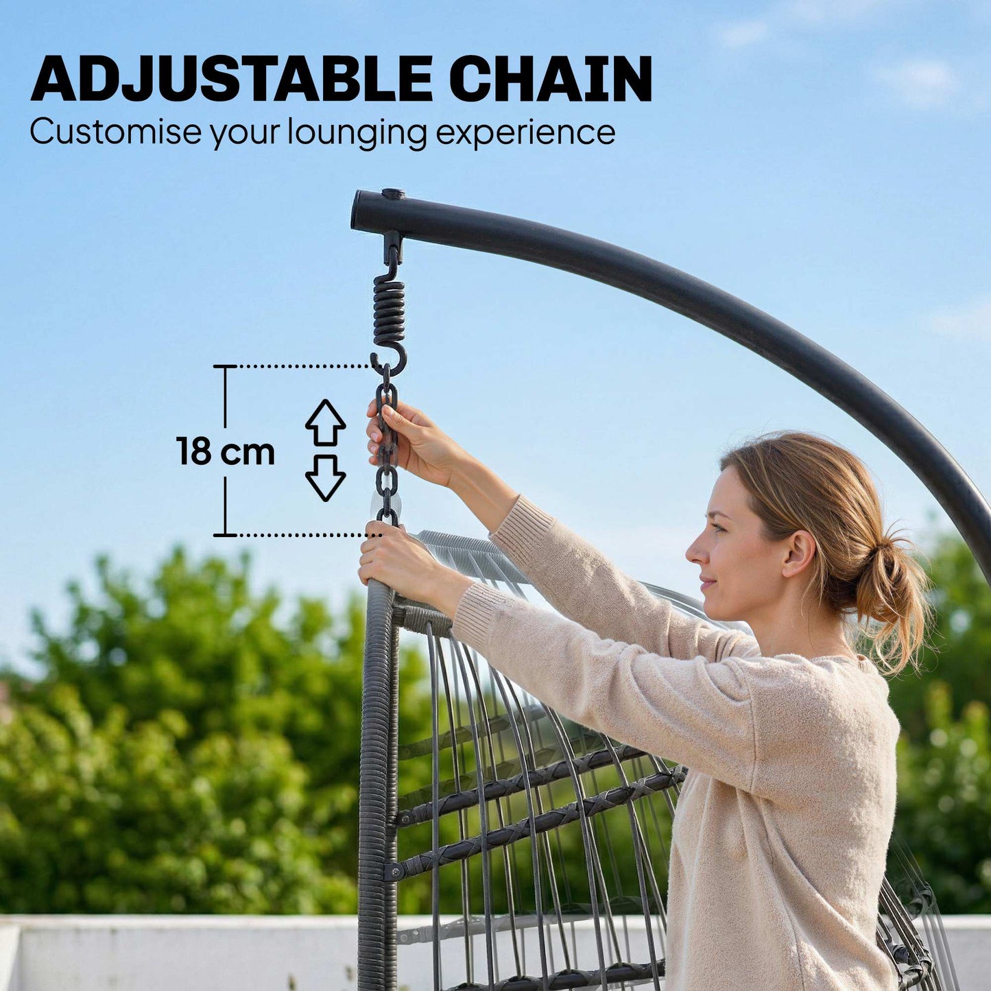 Hanging Egg Chair, Indoor Outdoor Hammock Swing Chair with Stand, Safety Strap, Foldable Basket, Thick Cushions, Headrest, Adjustable Height, Metal Frame for Garden Balcony, Dark/Light Grey