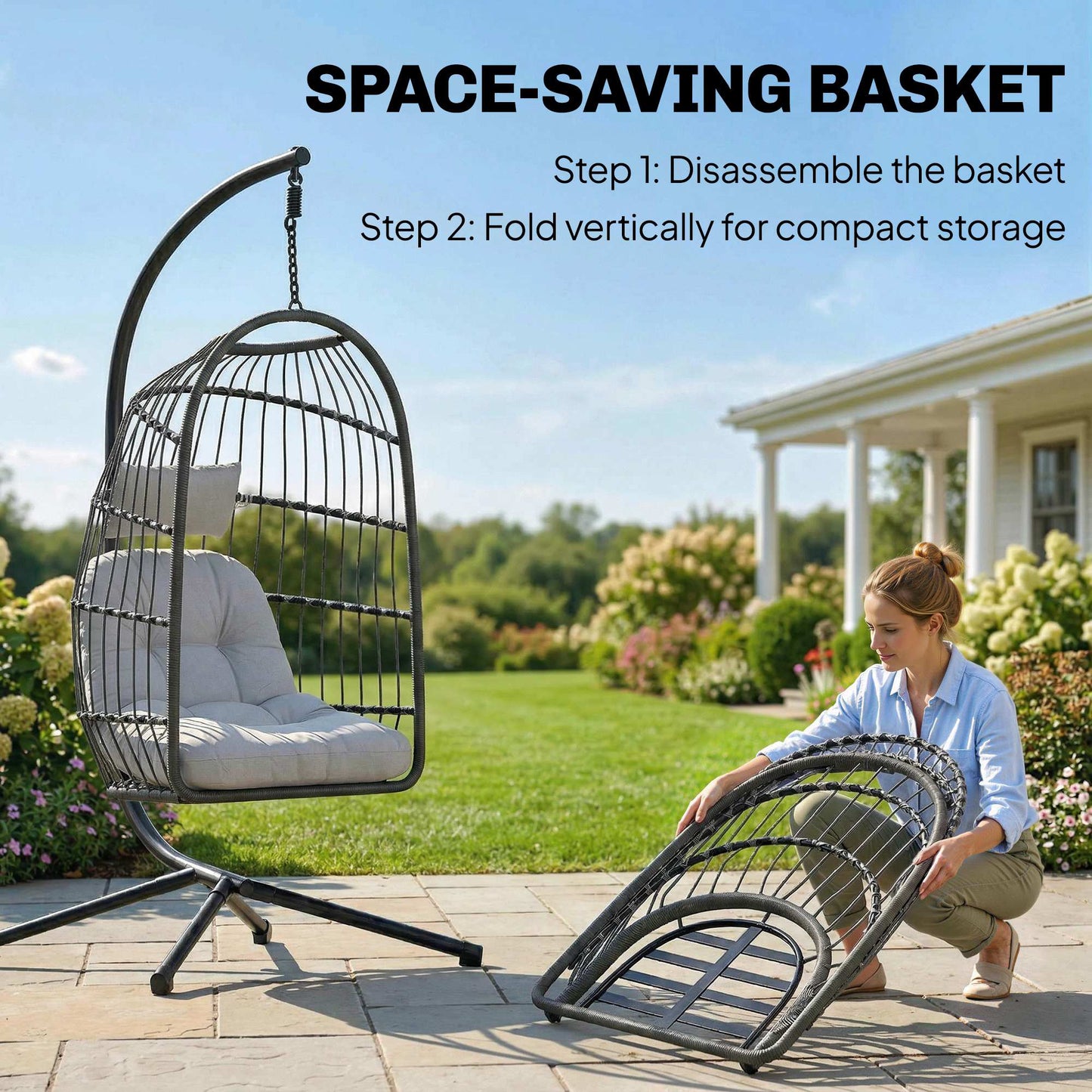 Hanging Egg Chair, Indoor Outdoor Hammock Swing Chair with Stand, Safety Strap, Foldable Basket, Thick Cushions, Headrest, Adjustable Height, Metal Frame for Garden Balcony, Dark/Light Grey