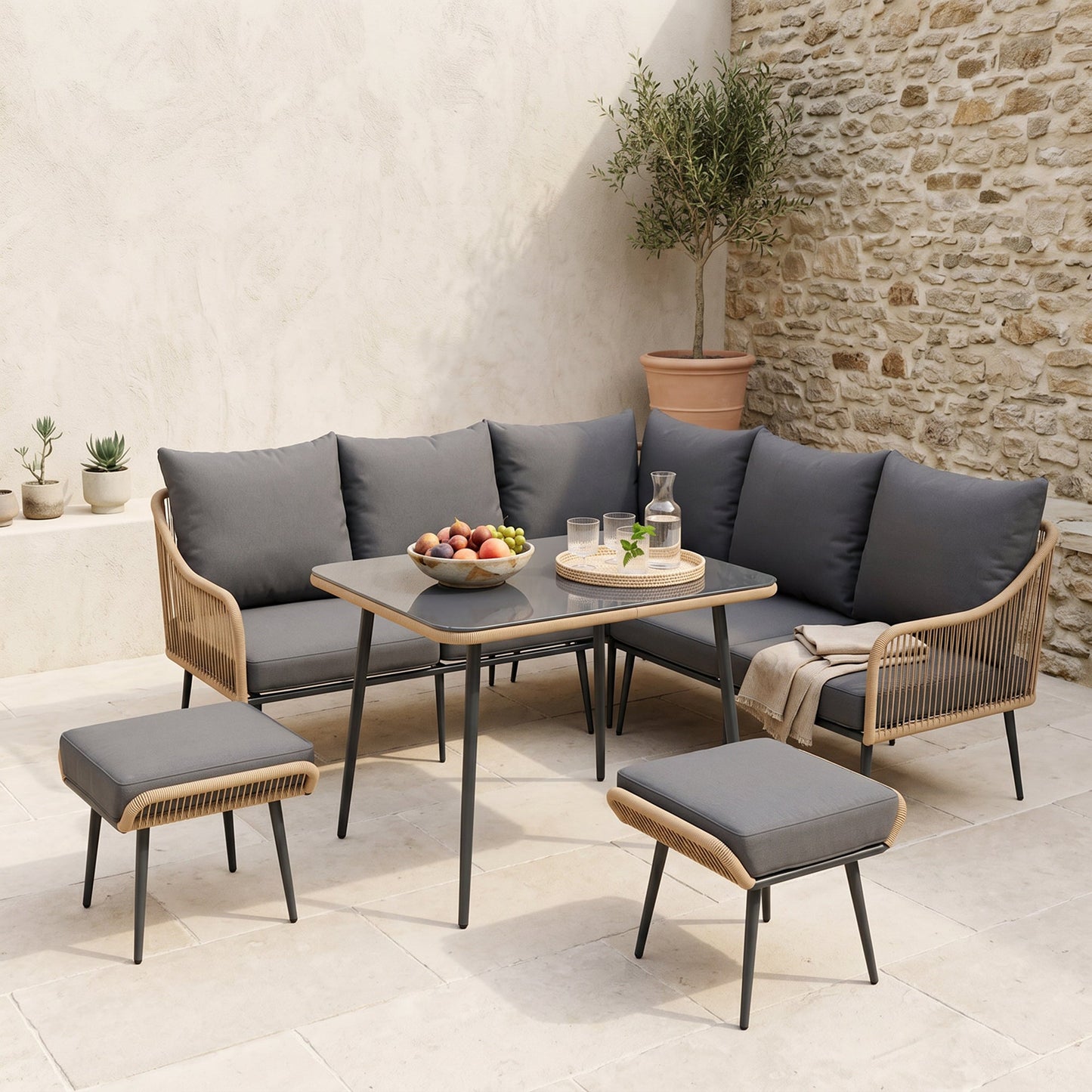 ARVOYA 6 Pieces Garden Corner Rattan Sofa Set w/ Thickened Cushions and Glass Top Table, Light Brown