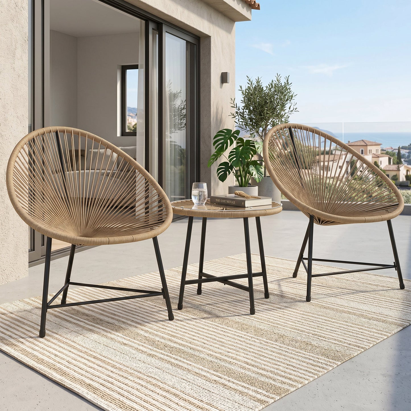 ARVOYA 3 Pieces Rattan Bistro Set with Acapulco Chairs, Glass Top Table & Metal Frame, Natural