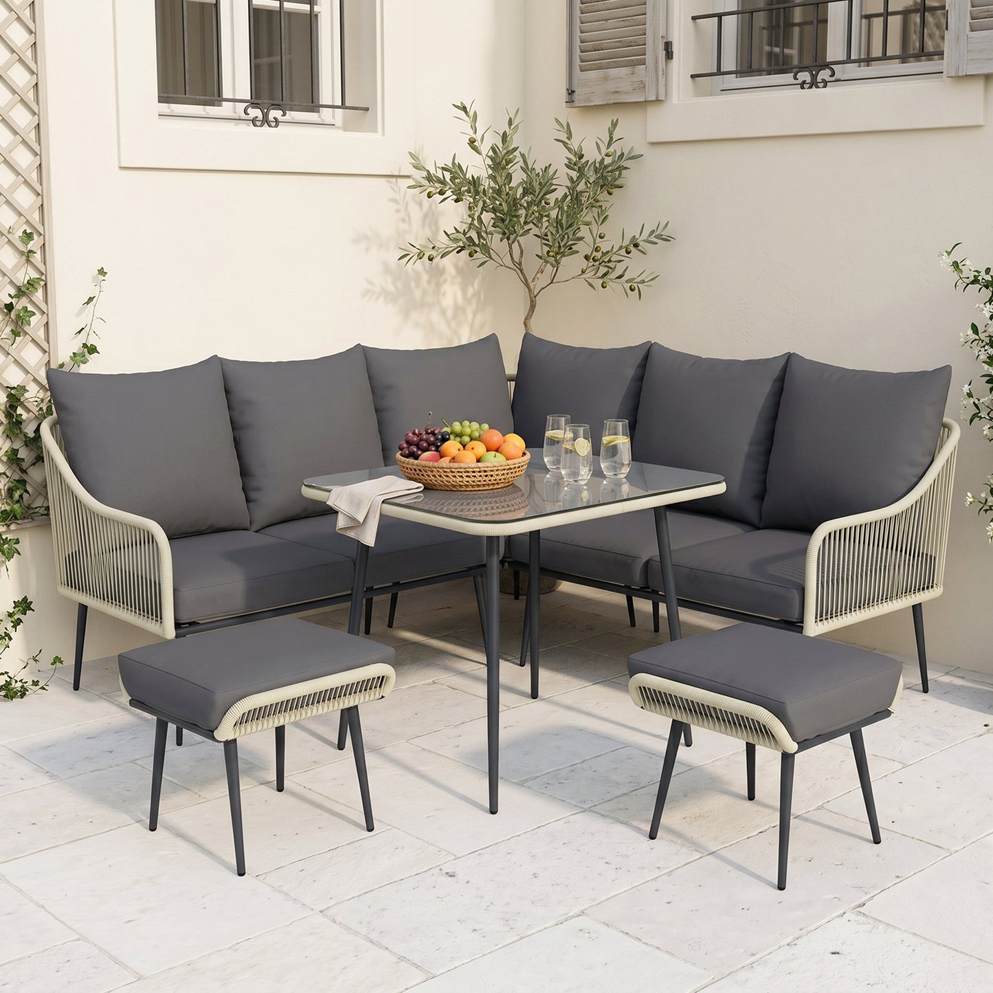 ARVOYA 6 Pieces Garden Corner Rattan Sofa Set w/ Thickened Cushions and Glass Top Table, Light Grey