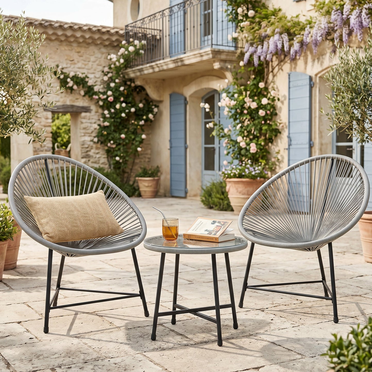 ARVOYA 3 Pieces Rattan Bistro Set with Acapulco Chairs, Glass Top Table & Metal Frame, Grey