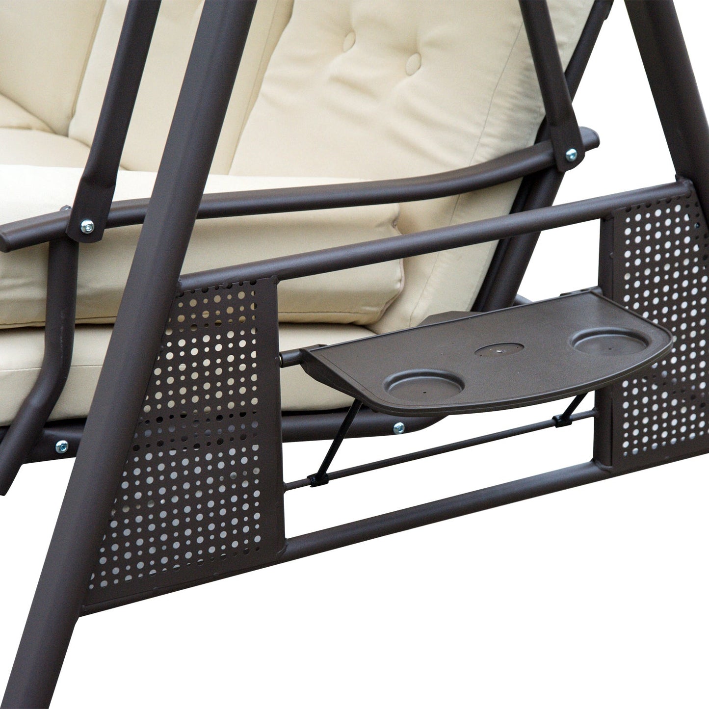 3 Seater Canopy Swing Chair, Outdoor Garden Swing Seat with Adjustable Canopy, Cushions and Cup Trays, Steel Frame, Beige