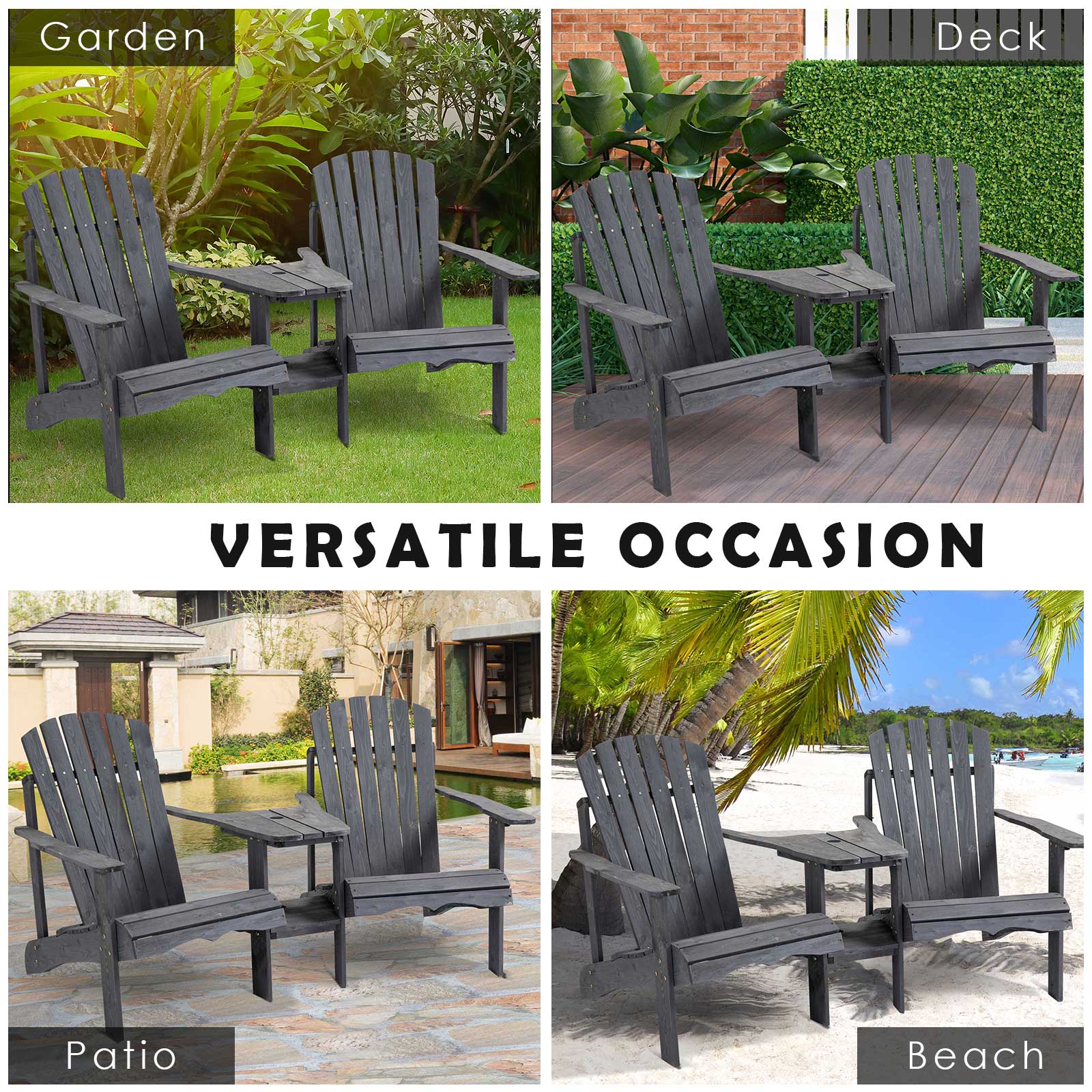 Wooden Outdoor Double Adirondack Chairs Loveseat w/ Centre Table and Umbrella Hole, Garden Patio Furniture for Lounging and Relaxing, Dark Grey