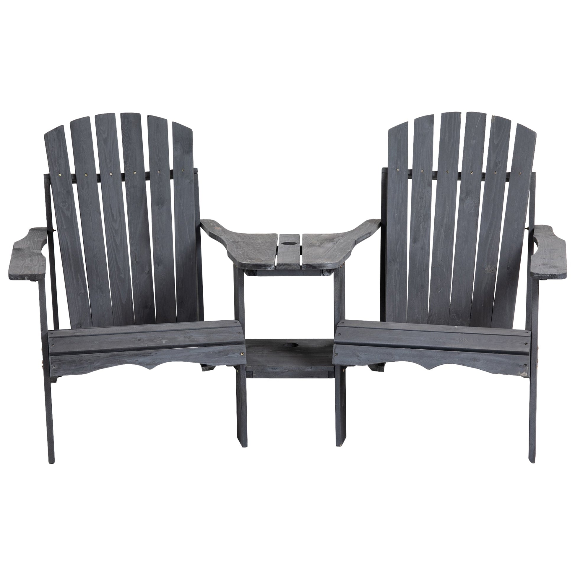 Wooden Outdoor Double Adirondack Chairs Loveseat w/ Centre Table and Umbrella Hole, Garden Patio Furniture for Lounging and Relaxing, Dark Grey