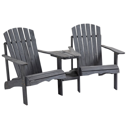 Wooden Outdoor Double Adirondack Chairs Loveseat w/ Centre Table and Umbrella Hole, Garden Patio Furniture for Lounging and Relaxing, Dark Grey