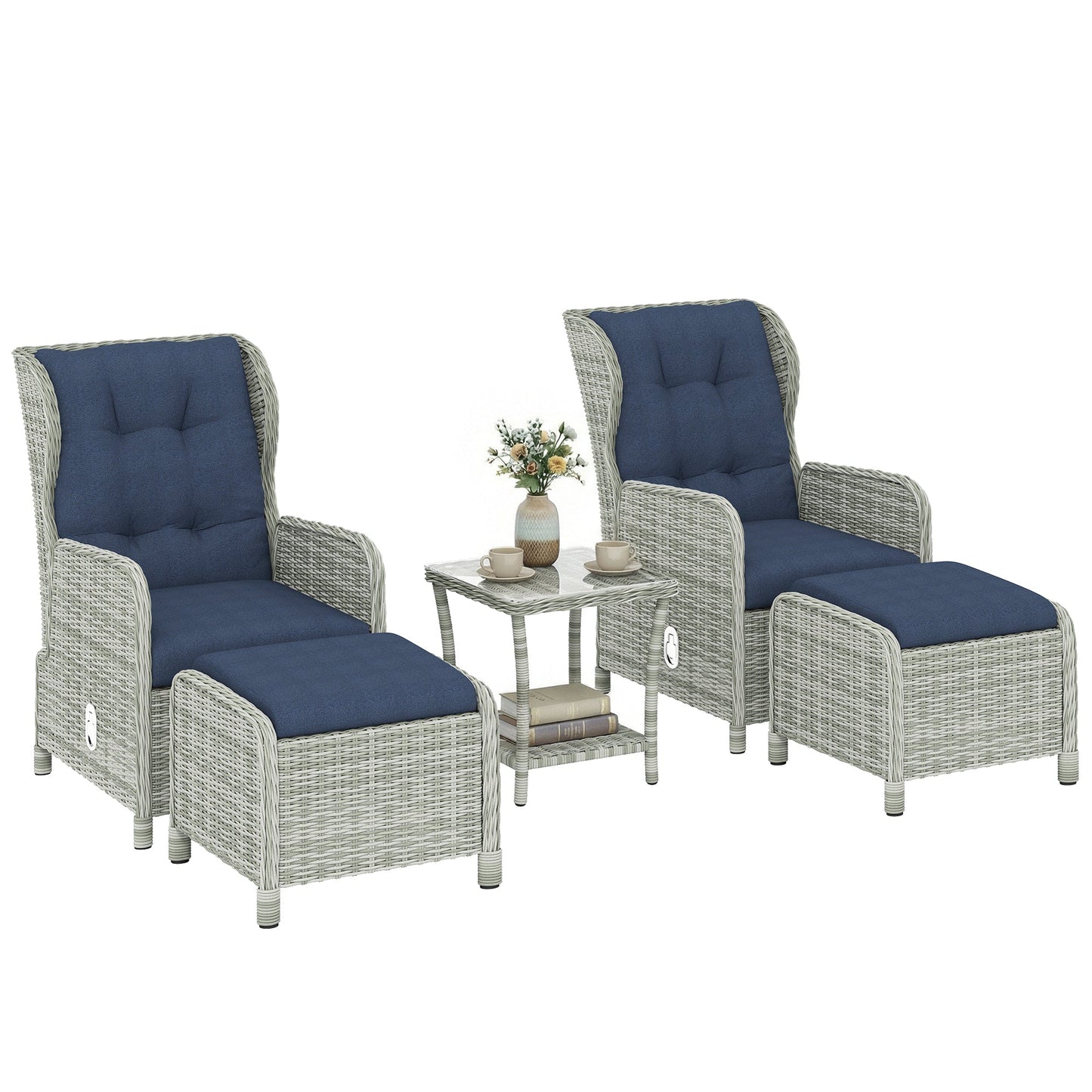 5 Piece Garden Furniture Set, Rattan Reclining Garden Chair Set of 2 with Glass-Top Coffee Table, Footstool and Thickness Cushion for Balcony, Patio, Dark Blue