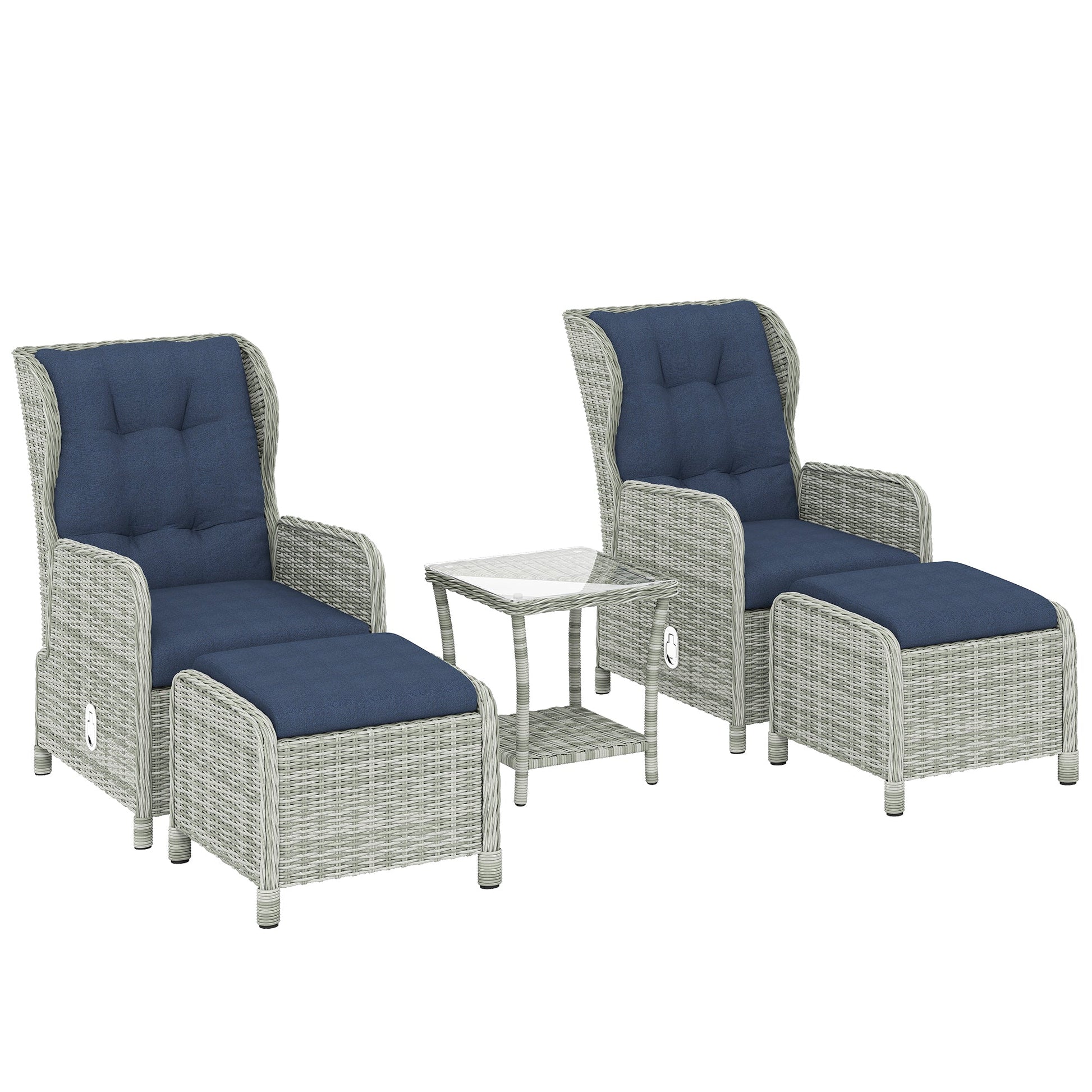 5 Piece Garden Furniture Set, Rattan Reclining Garden Chair Set of 2 with Glass-Top Coffee Table, Footstool and Thickness Cushion for Balcony, Patio, Dark Blue