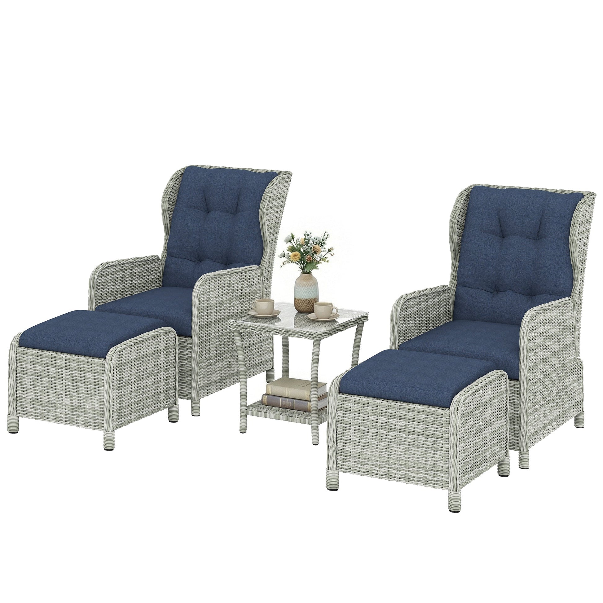 5 Piece Garden Furniture Set, Rattan Reclining Garden Chair Set of 2 with Glass-Top Coffee Table, Footstool and Thickness Cushion for Balcony, Patio, Dark Blue