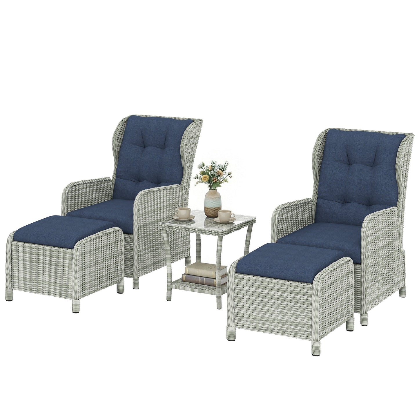 5 Piece Garden Furniture Set, Rattan Reclining Garden Chair Set of 2 with Glass-Top Coffee Table, Footstool and Thickness Cushion for Balcony, Patio, Dark Blue