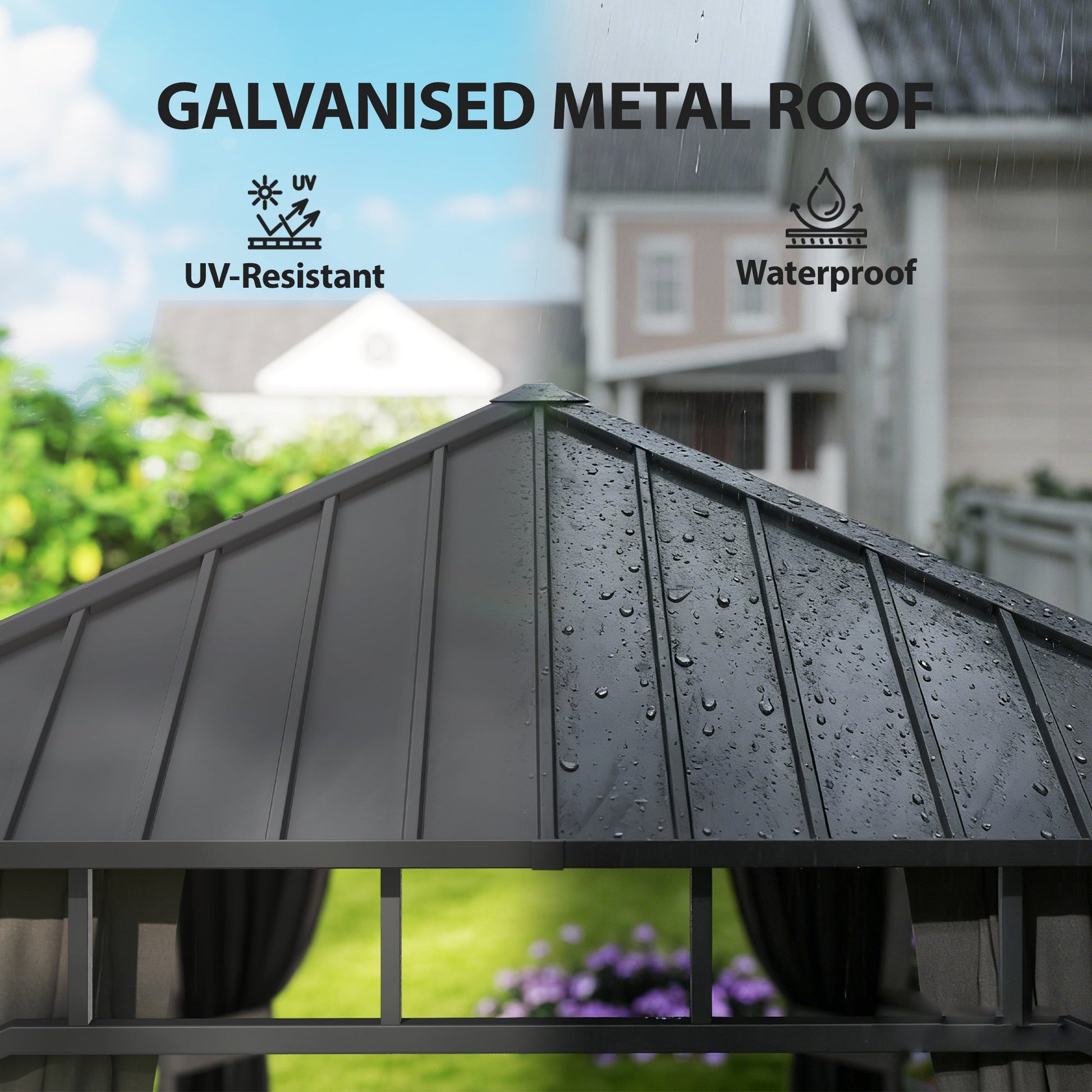 2 x 3.5 m Hardtop Gazebo with Galvanised Steel Roof, Waterproof Permanent Pavilion Garden Gazebo with Netting and Curtains for Patio, Deck, Dark Grey