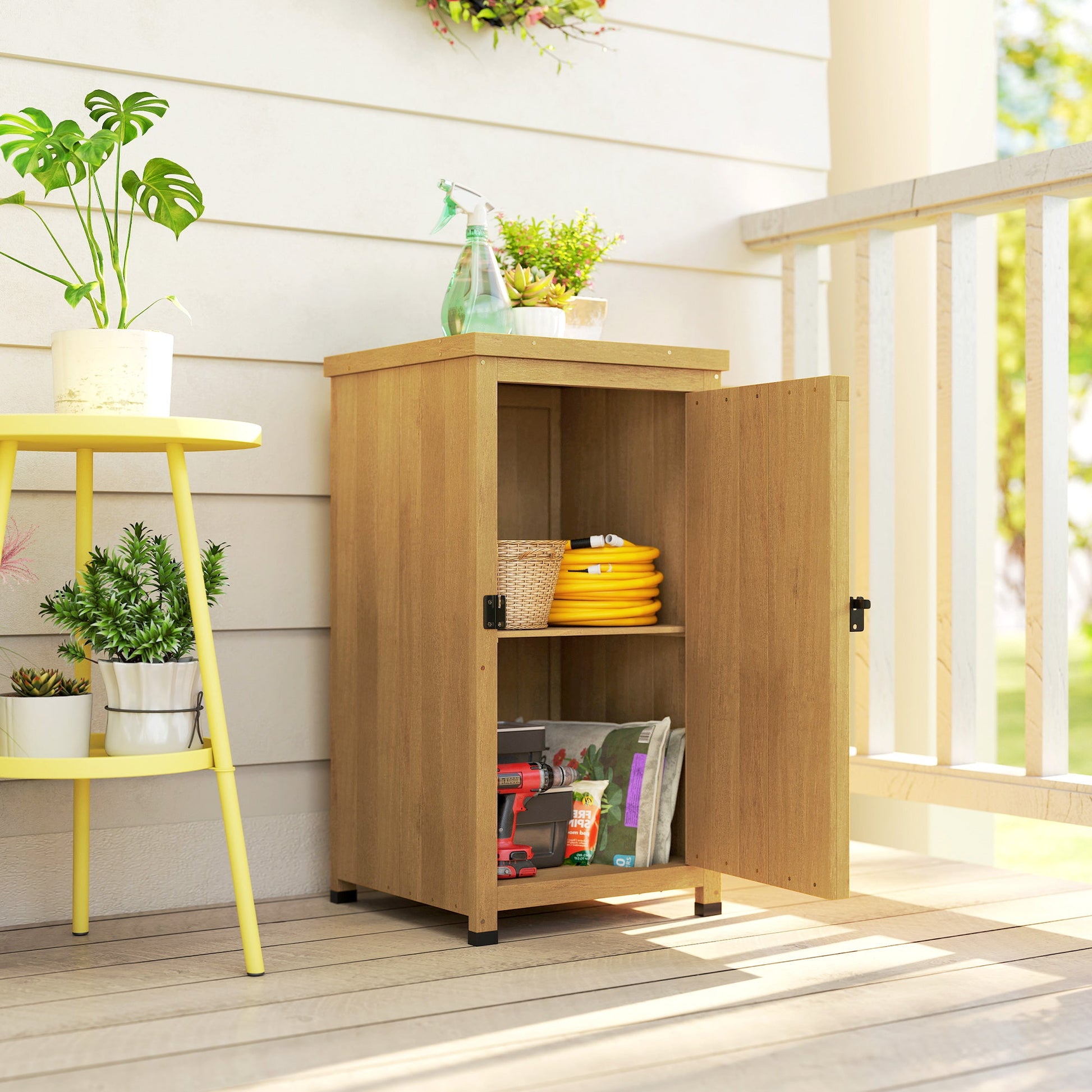Wooden Garden Shed, Garden Tool Storage Shed with Galvanised Top and Shelf, Outdoor Storage Cabinet with Door, Light Brown