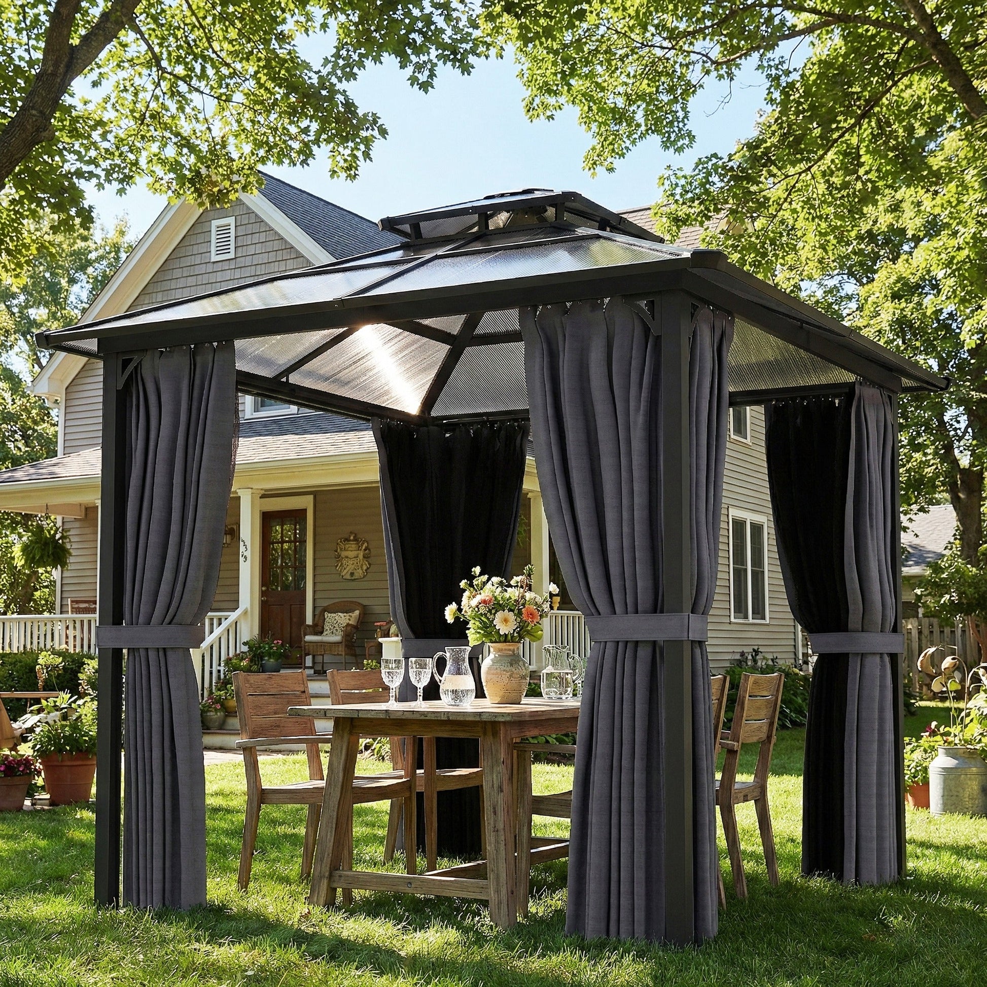 2.5 x 2.5 m Outdoor Hardtop Gazebo Canopy with Double Polycarbonate Roof, Metal Frame Garden Permanent Pavilion with Mosquito Netting and Curtains, Drainage Gutters, Ceiling Hook, Dark Grey