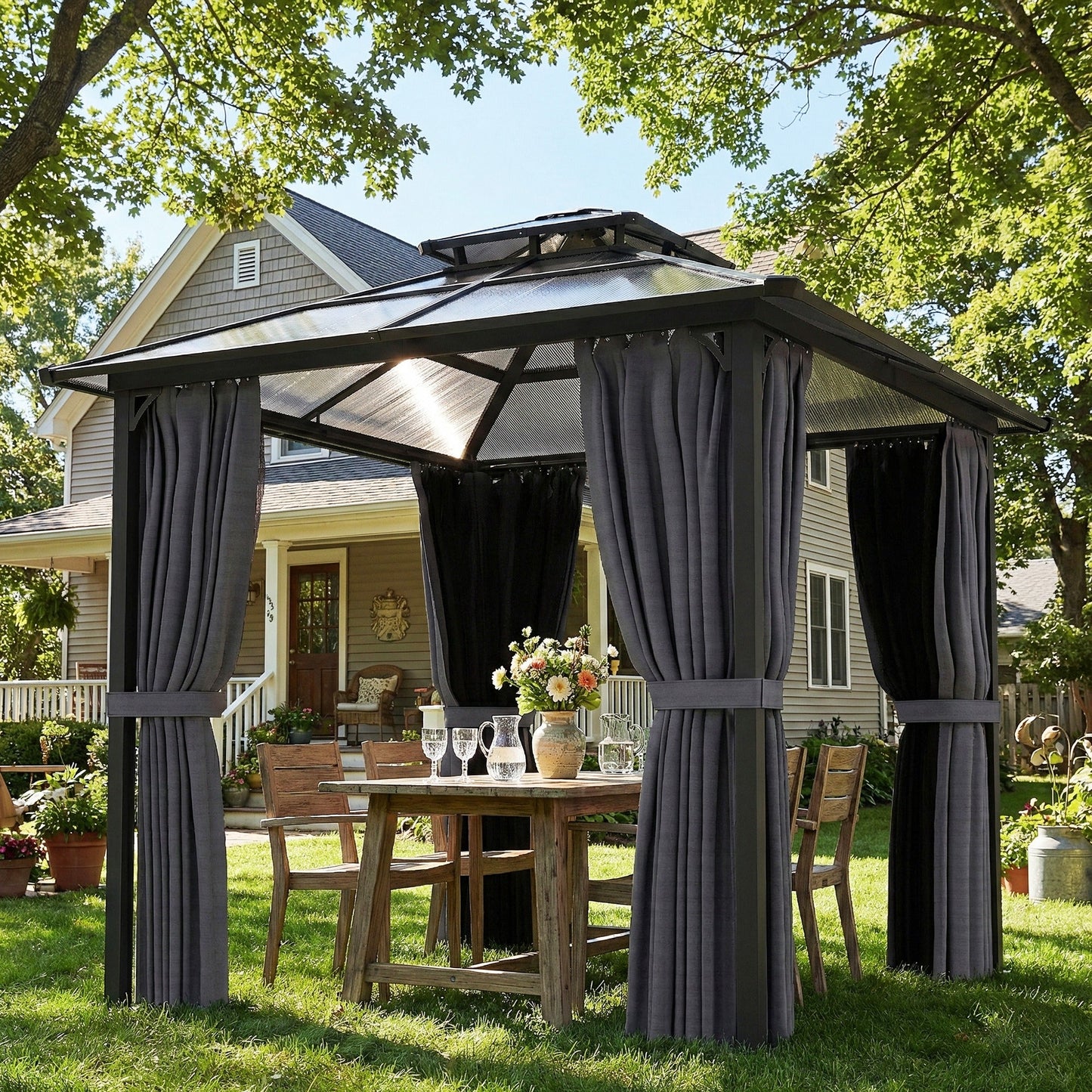 2.5 x 2.5 m Outdoor Hardtop Gazebo Canopy with Double Polycarbonate Roof, Metal Frame Garden Permanent Pavilion with Mosquito Netting and Curtains, Drainage Gutters, Ceiling Hook, Dark Grey