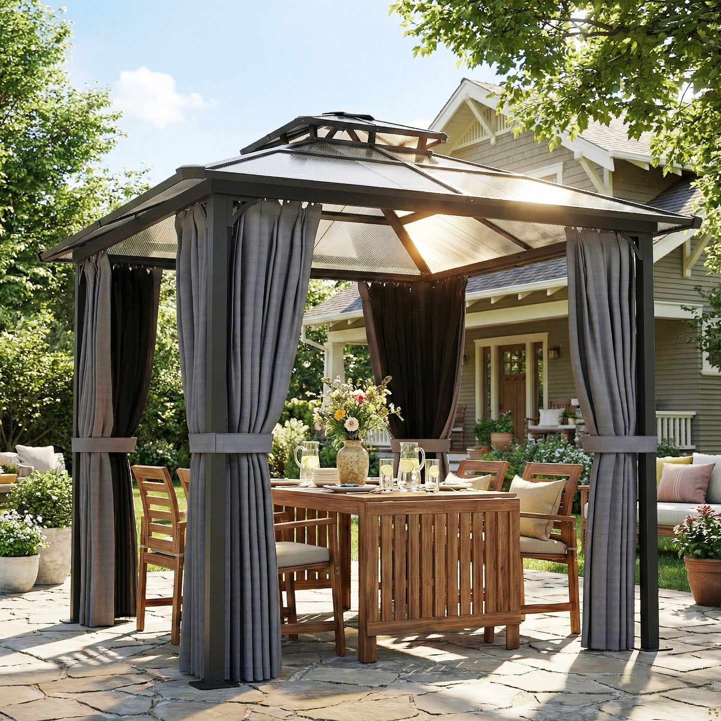 2.5 x 2.5 m Outdoor Hardtop Gazebo Canopy with Double Polycarbonate Roof, Metal Frame Garden Permanent Pavilion with Mosquito Netting and Curtains, Drainage Gutters, Ceiling Hook, Dark Grey