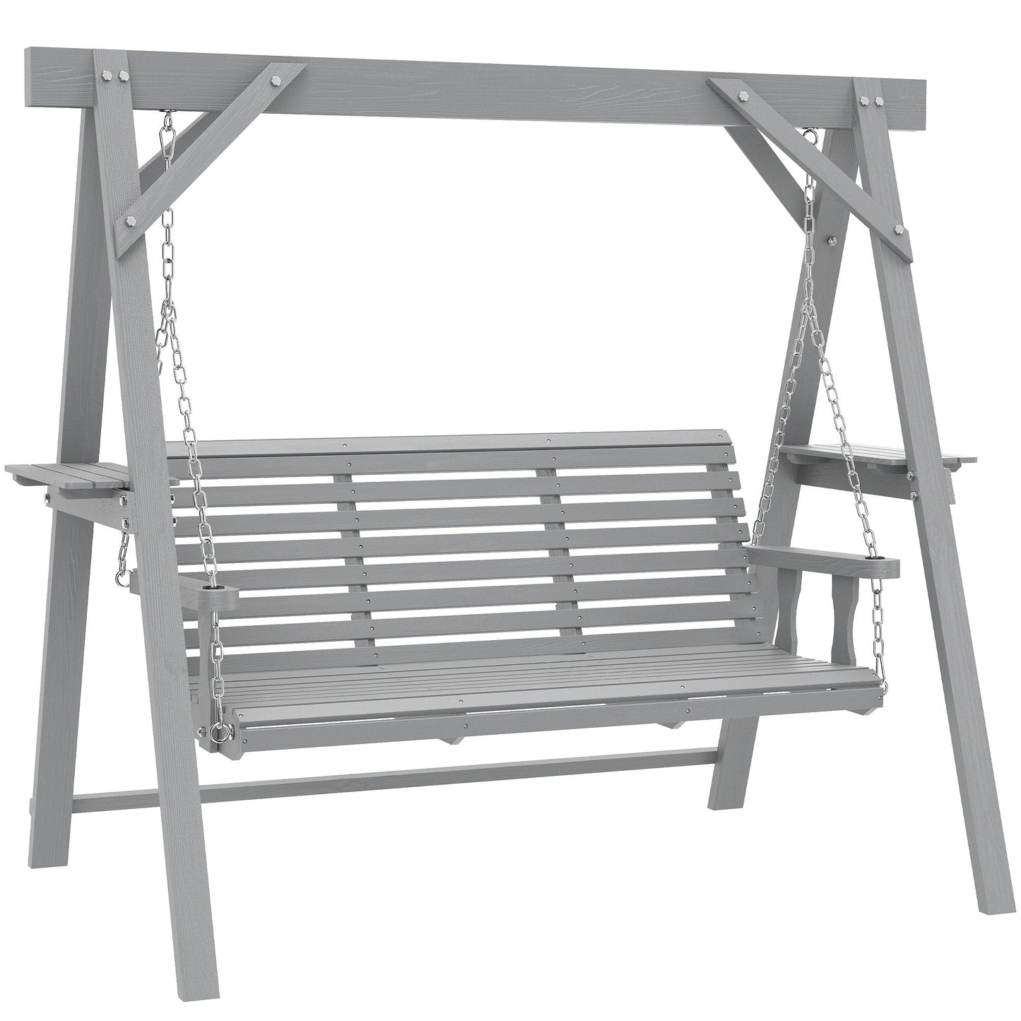 3 Seater Garden Swing Seat, Wooden Swing Chair Bench with Side Tables and Metal Chains, for Outdoor Porch Patio, Dark Grey