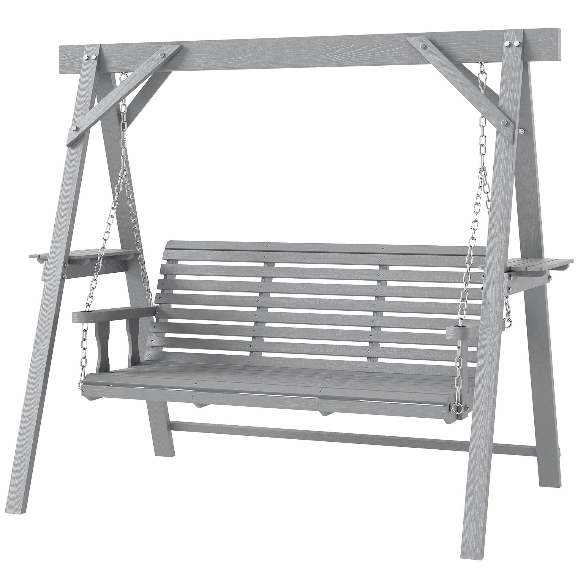 3 Seater Garden Swing Seat, Wooden Swing Chair Bench with Side Tables and Metal Chains, for Outdoor Porch Patio, Dark Grey