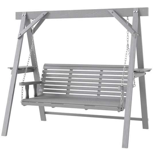 3 Seater Garden Swing Seat, Wooden Swing Chair Bench with Side Tables and Metal Chains, for Outdoor Porch Patio, Dark Grey