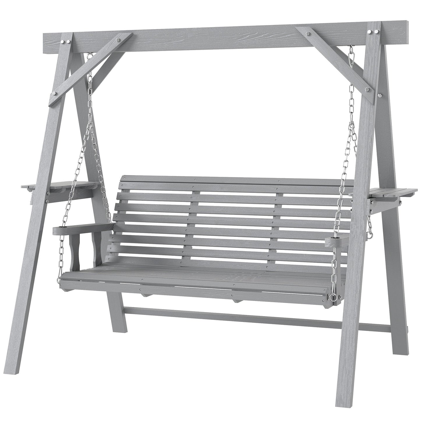 3 Seater Garden Swing Seat, Wooden Swing Chair Bench with Side Tables and Metal Chains, for Outdoor Porch Patio, Dark Grey