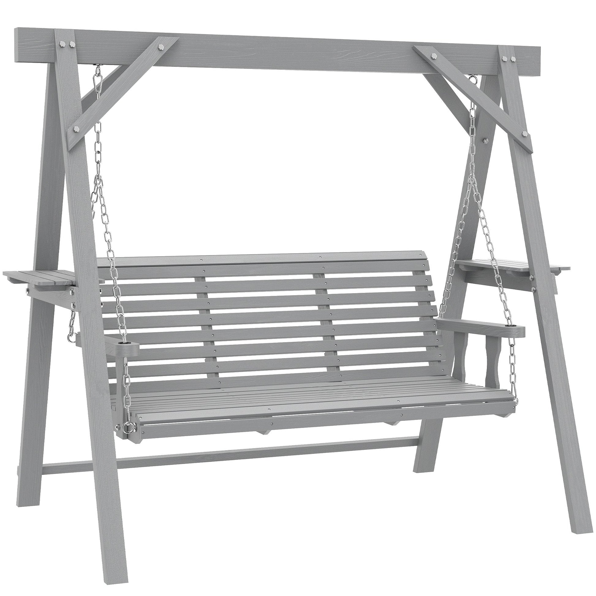 3 Seater Garden Swing Seat, Wooden Swing Chair Bench with Side Tables and Metal Chains, for Outdoor Porch Patio, Dark Grey