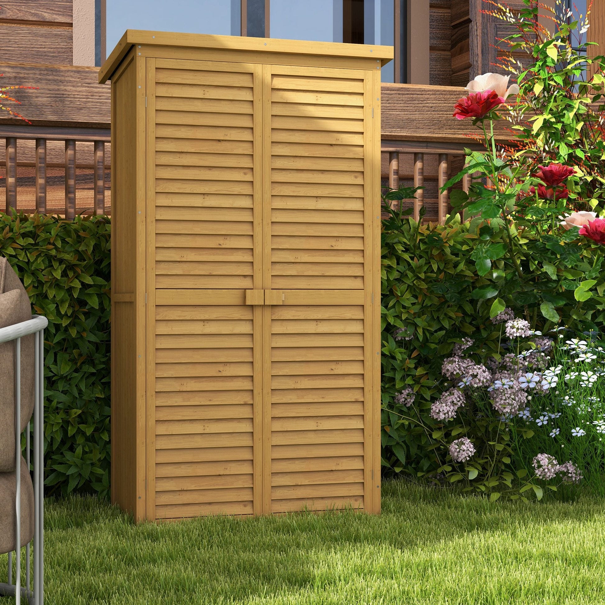 Small Shed, Wooden Garden Storage Shed, 3 Shelves Outdoor Tool Shed Cabinet with Asphalt Roof and Shutter Doors, 87cm x 47cm x 160cm, Natural Wood Finish