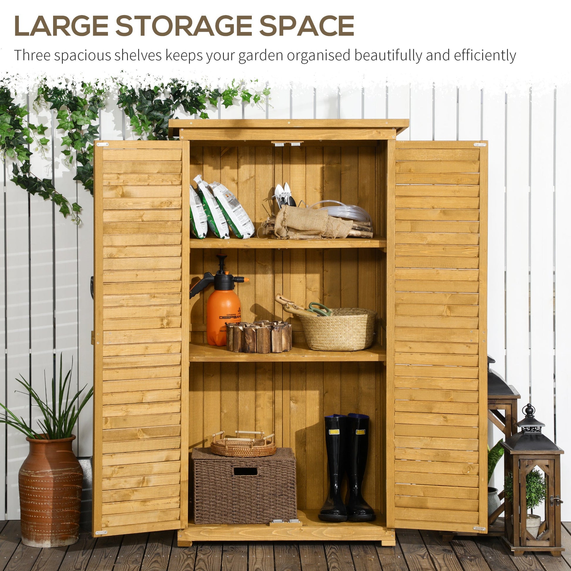 Small Shed, Wooden Garden Storage Shed, 3 Shelves Outdoor Tool Shed Cabinet with Asphalt Roof and Shutter Doors, 87cm x 47cm x 160cm, Natural Wood Finish
