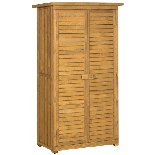 Small Shed, Wooden Garden Storage Shed, 3 Shelves Outdoor Tool Shed Cabinet with Asphalt Roof and Shutter Doors, 87cm x 47cm x 160cm, Natural Wood Finish