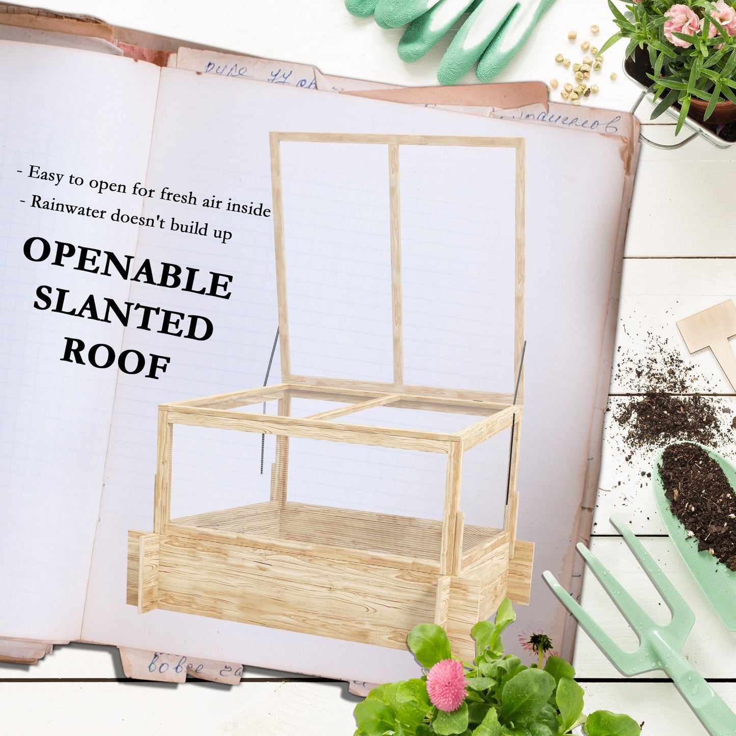 Outdoor Raised Garden Bed with Cold Frame Greenhouse and Openable Top, Wooden Elevated Planter Box for Vegetables, Flowers and Herbs, 98x98x63.5cm