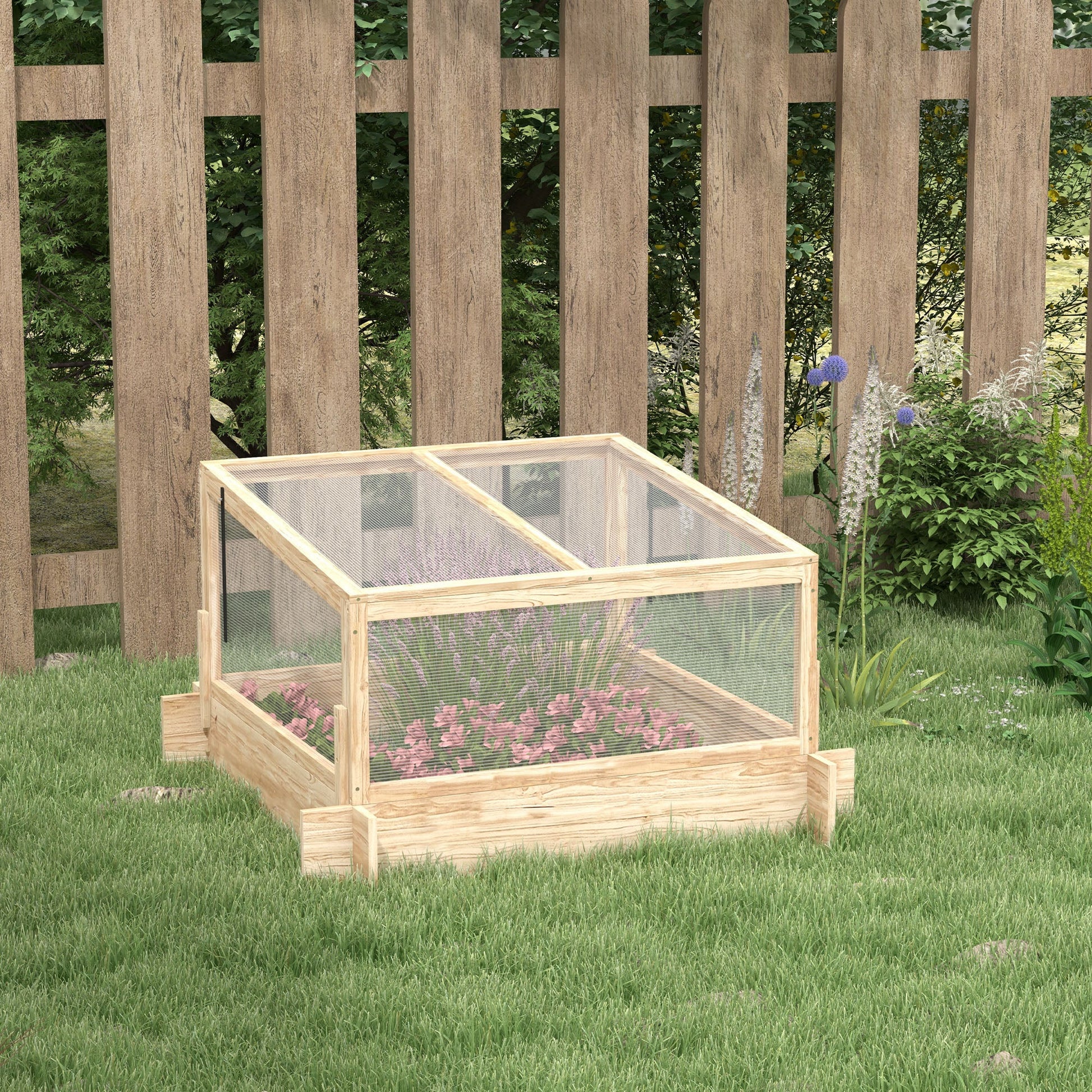 Outdoor Raised Garden Bed with Cold Frame Greenhouse and Openable Top, Wooden Elevated Planter Box for Vegetables, Flowers and Herbs, 98x98x63.5cm