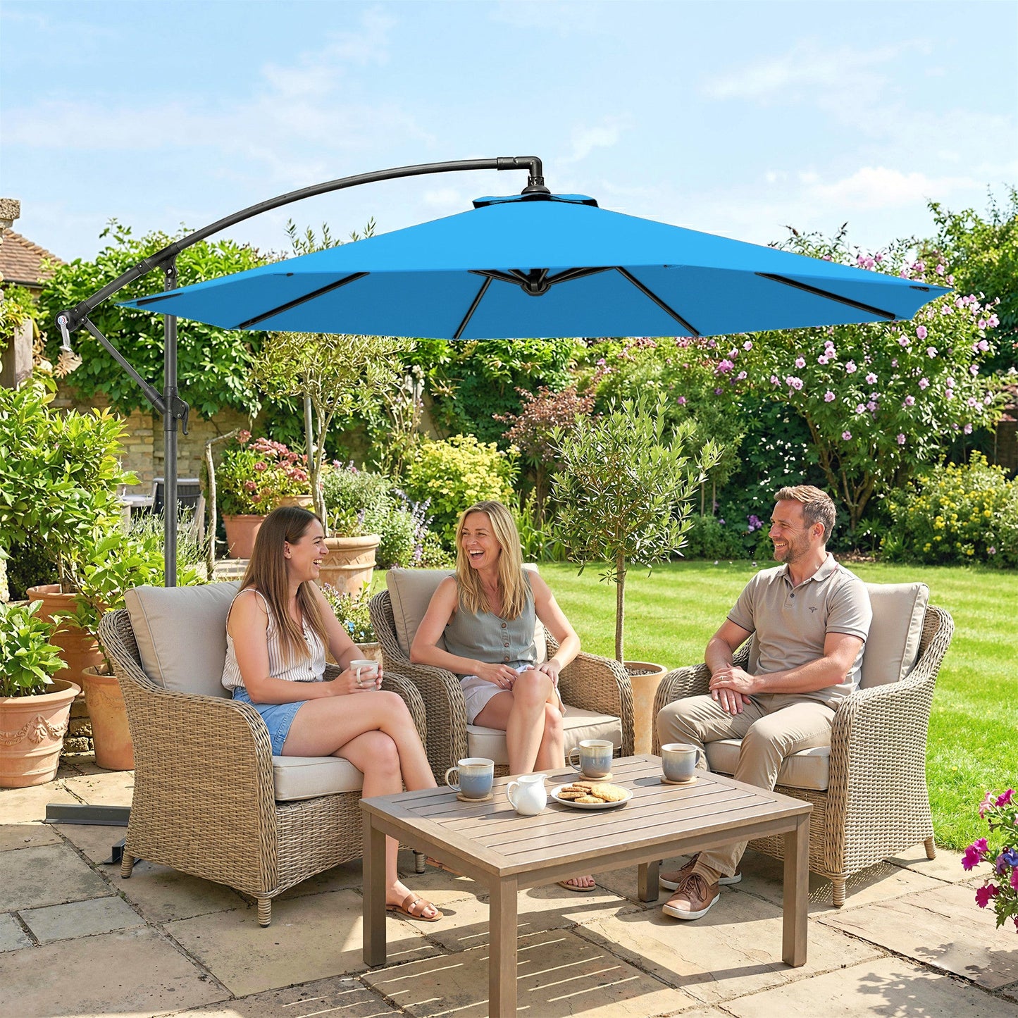 3 m Cantilever Parasol with Cross Base, Offset Outdoor Umbrella, Crank Handle, Hanging Sun Shade, Blue